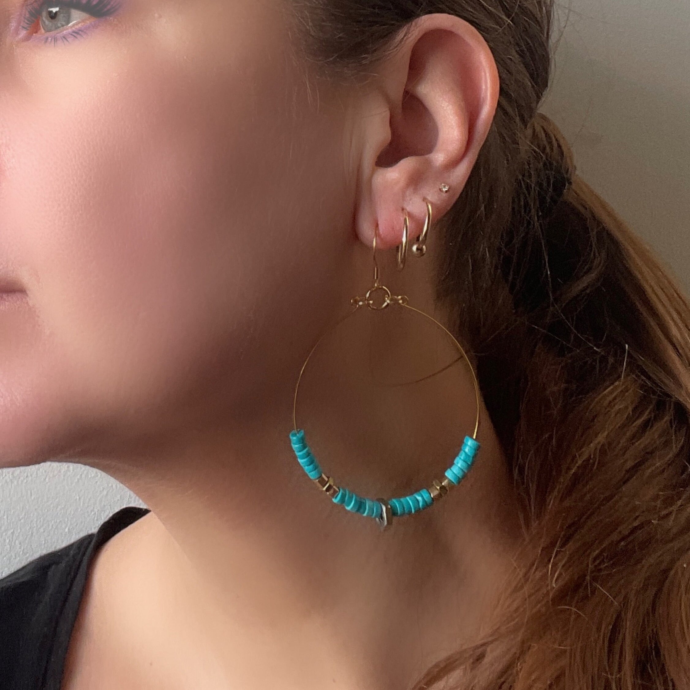 Stunning Gold Minimalist Statement Turquoise and Hex Nut Steampunk Earrings