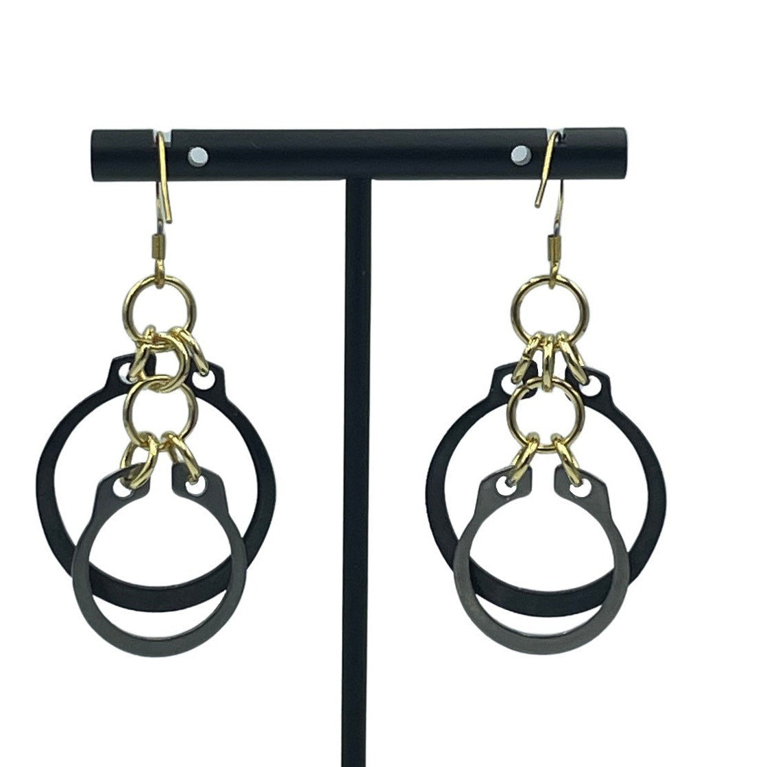 Black, Silver and Gold Hardware C-clip Dangle Steampunk Statement Earrings