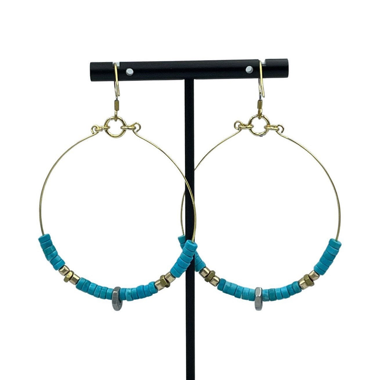 Stunning Gold Minimalist Statement Turquoise and Hex Nut Steampunk Earrings