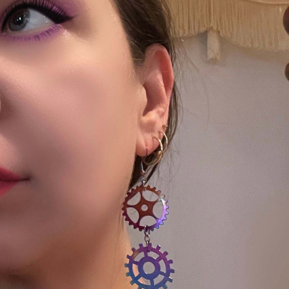 Iridescent Rainbow Steampunk Double Dangle Cog Earrings
