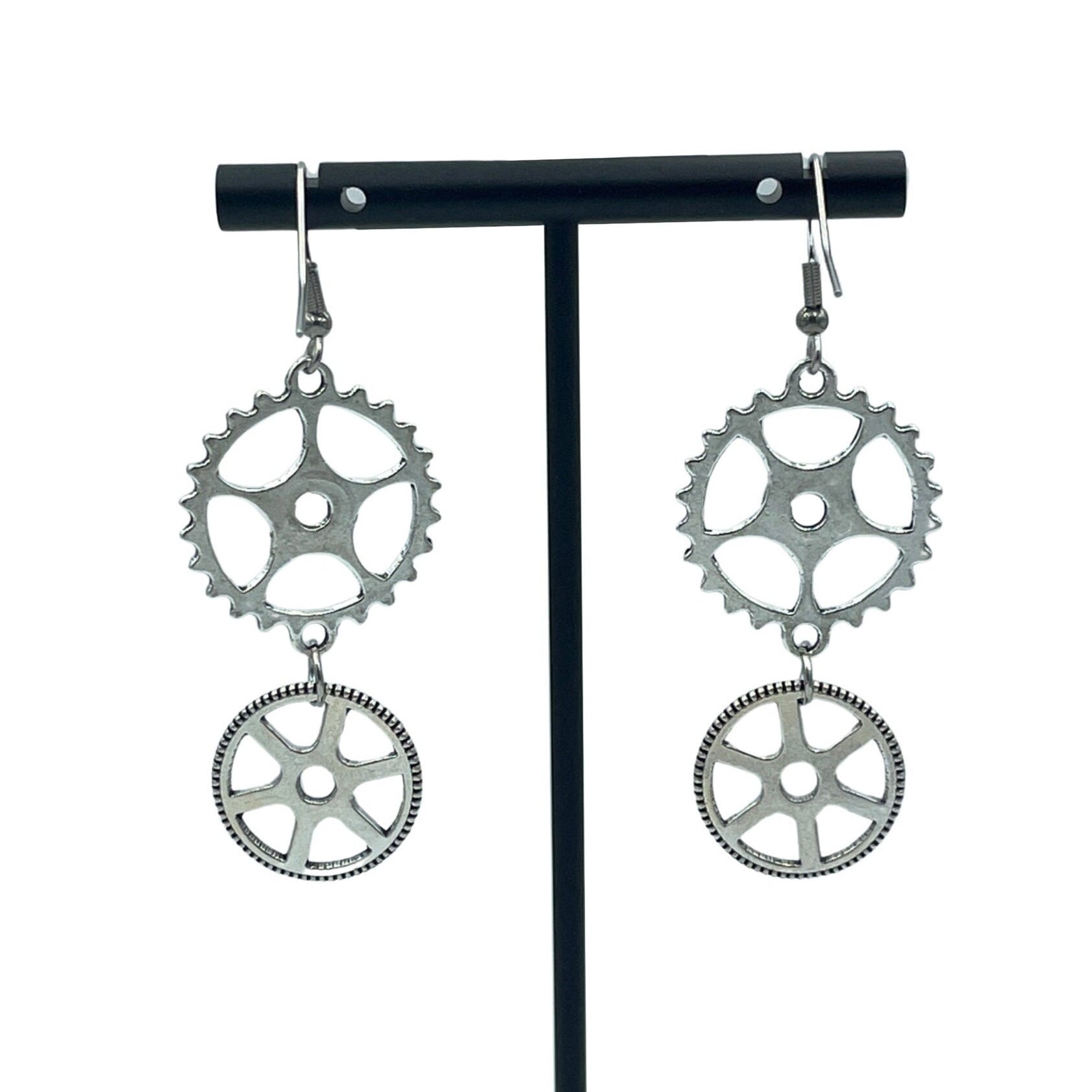 Steampunk Silver Double Cog Dangle Statement Earrings