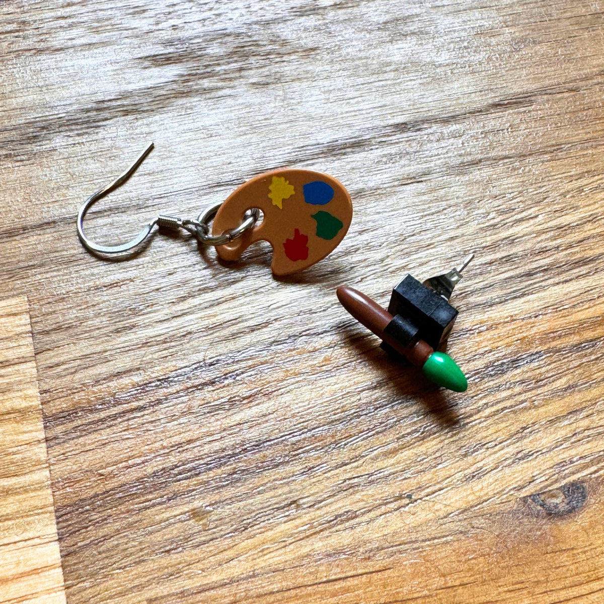 Paintbrush and Palette Asymmetric Earrings made with upcycled LEGO®. Artist, painter, art teacher or art lover gift
