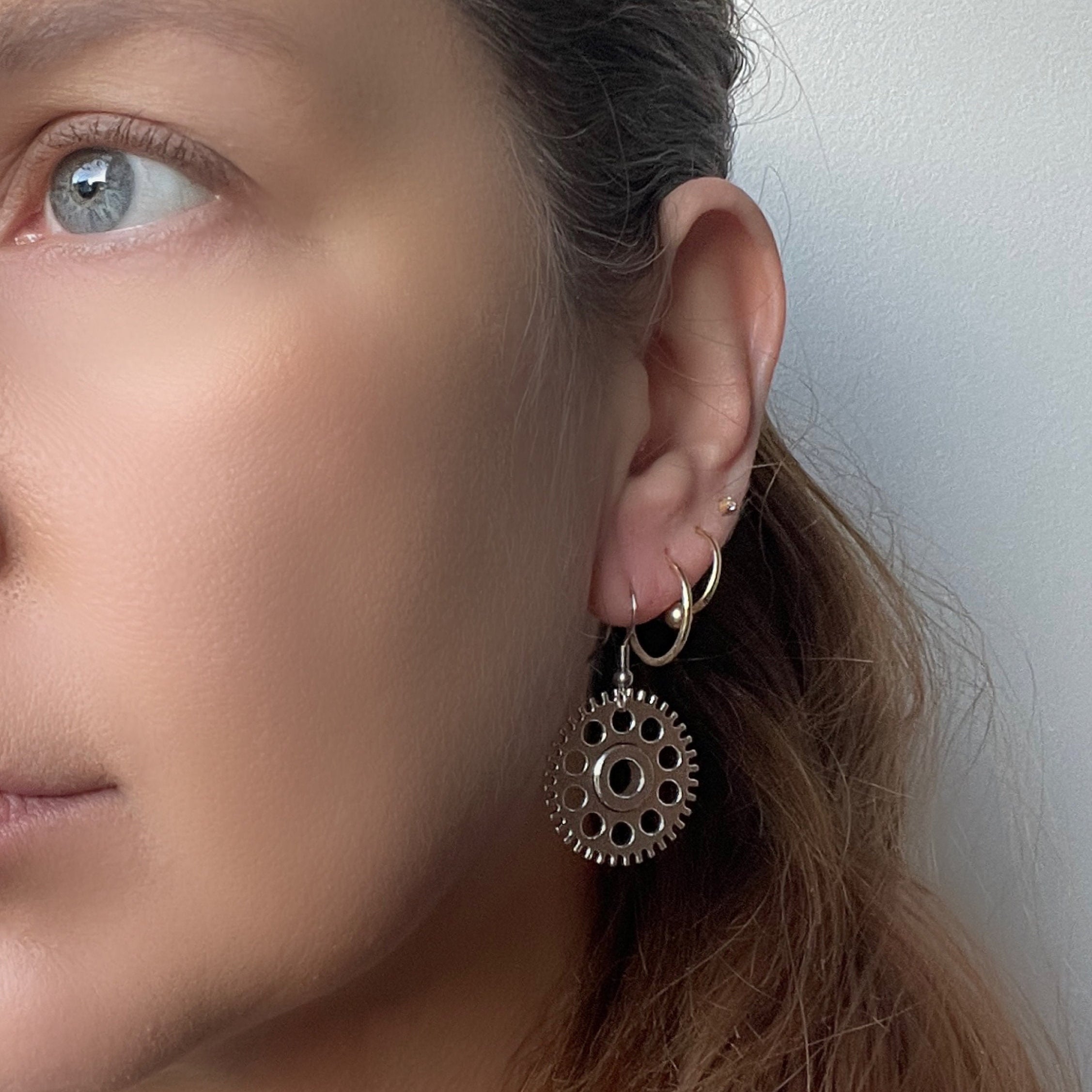 Steampunk Silver Dangle Hardware Cog Earrings
