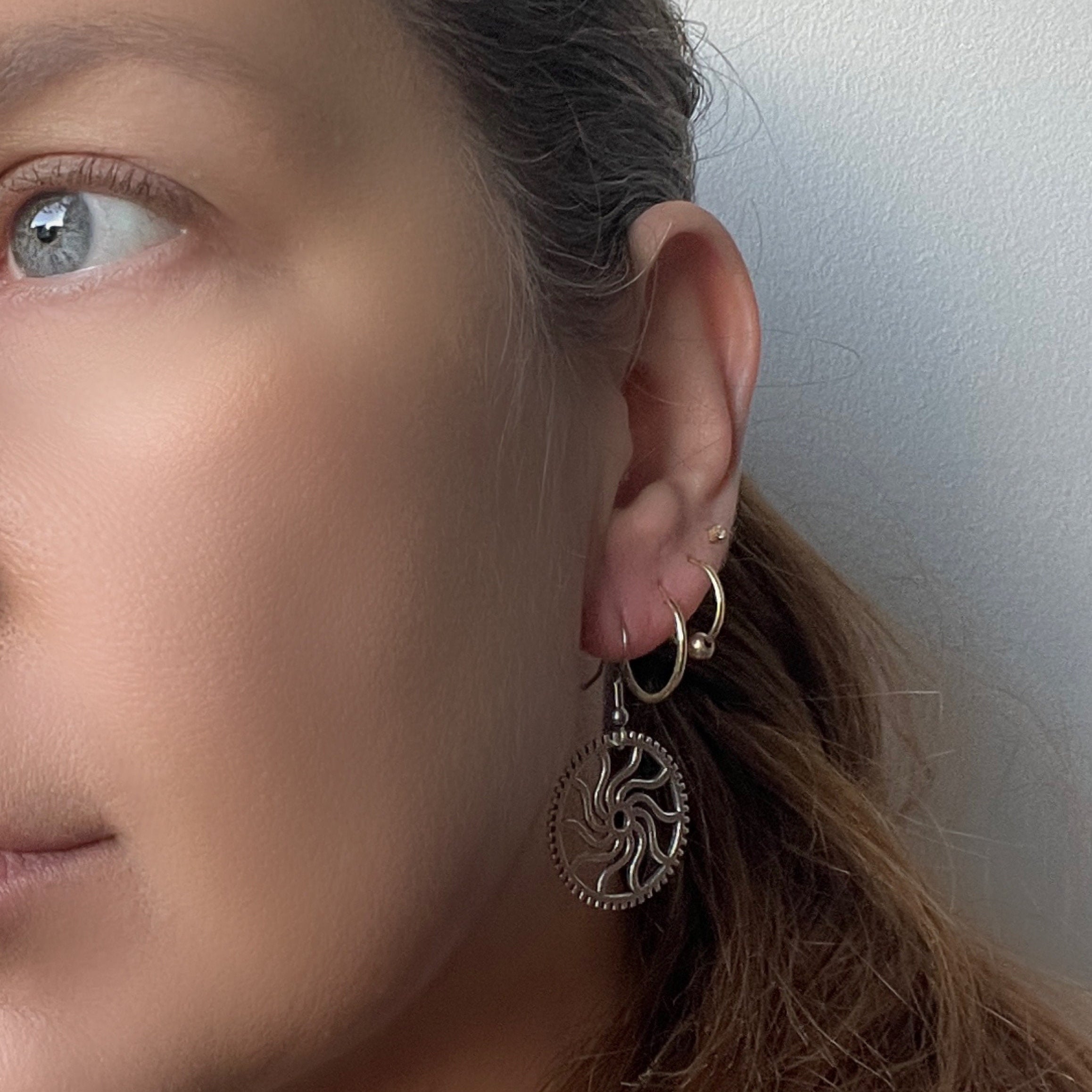 Steampunk Silver Dangle Sun Cog Earrings