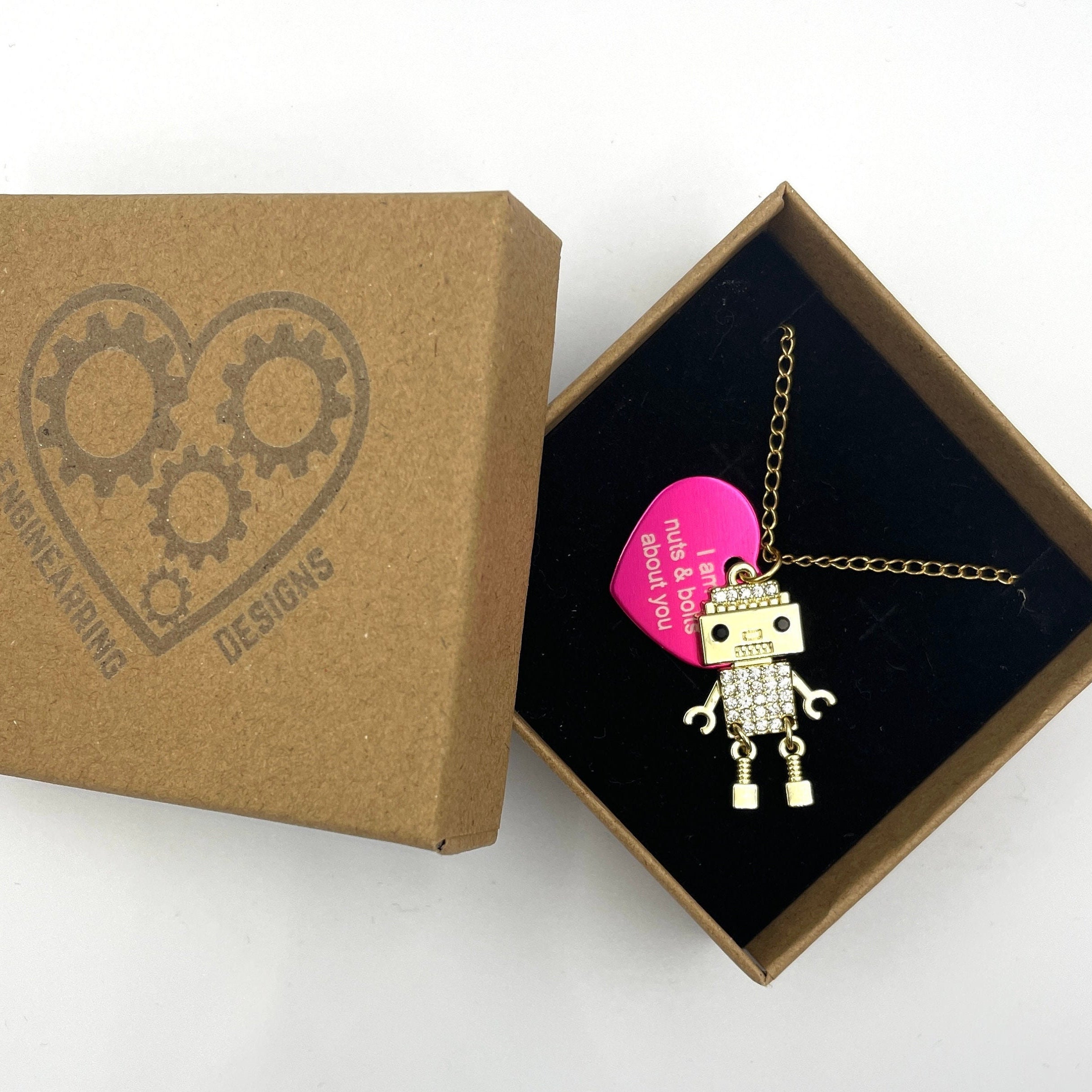 Personalised Adorable Bling Robot Necklace. Custom colour/ name/ date Hot Pink