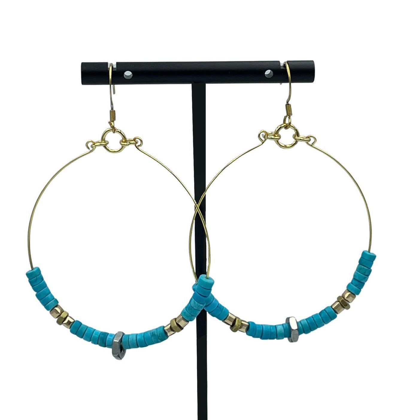 Stunning Gold Minimalist Statement Turquoise and Hex Nut Steampunk Earrings