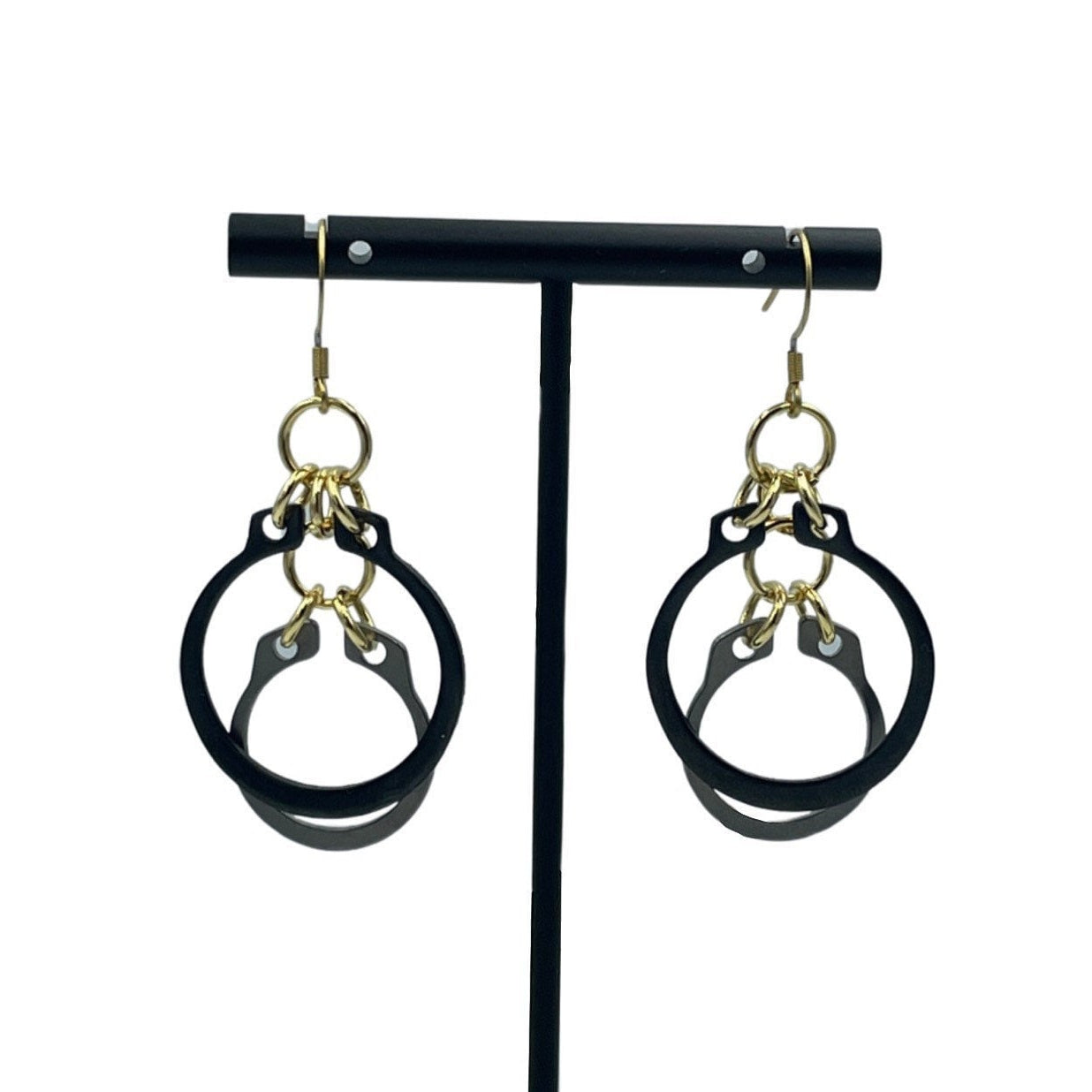 Black, Silver and Gold Hardware C-clip Dangle Steampunk Statement Earrings