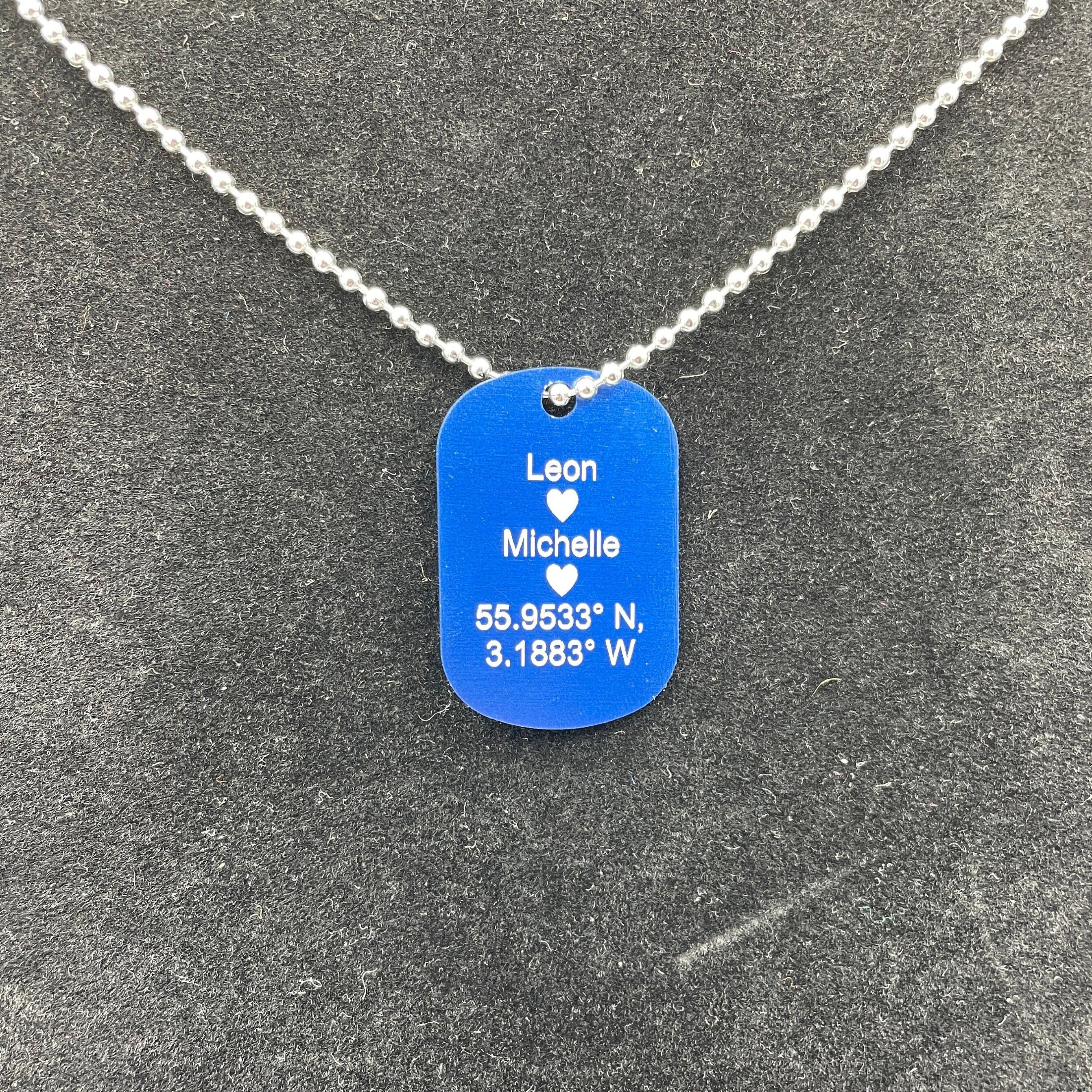 Personalised Blue Tag Pendant Necklace. Thoughtful military style jewellery for him