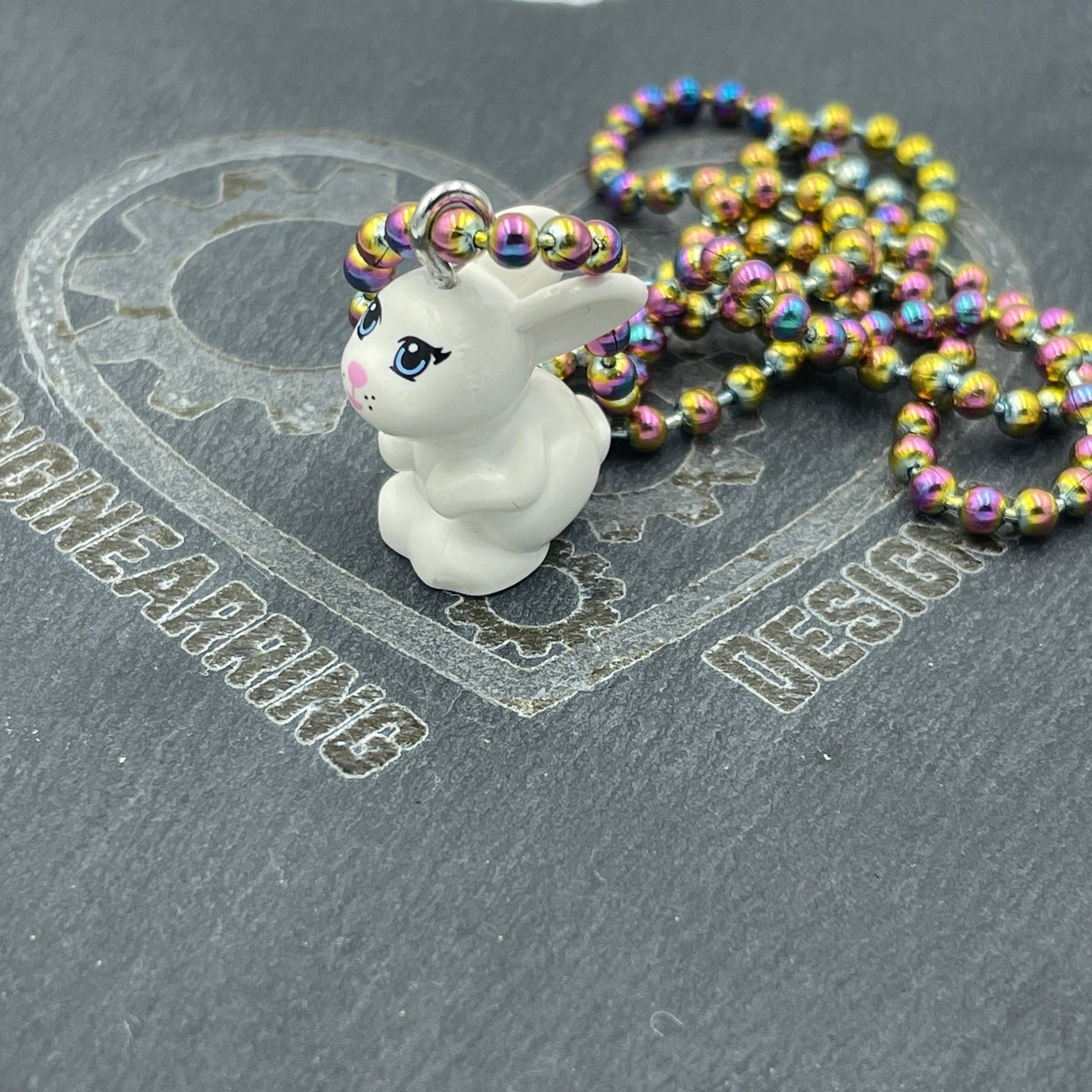 Cute Bunny made with upcycled LEGO® on Rainbow Necklace