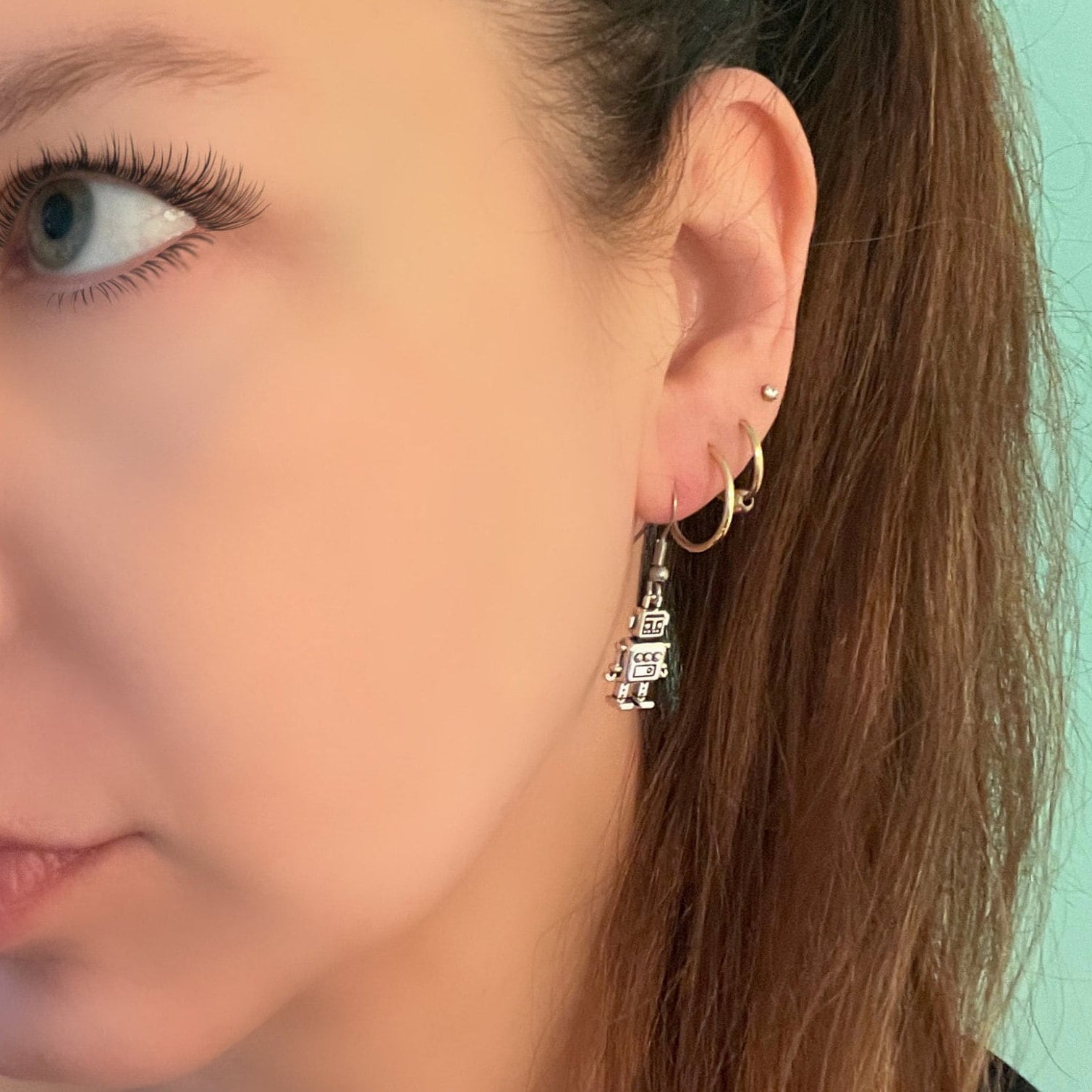 Cute Tiny Silver Robot Earrings