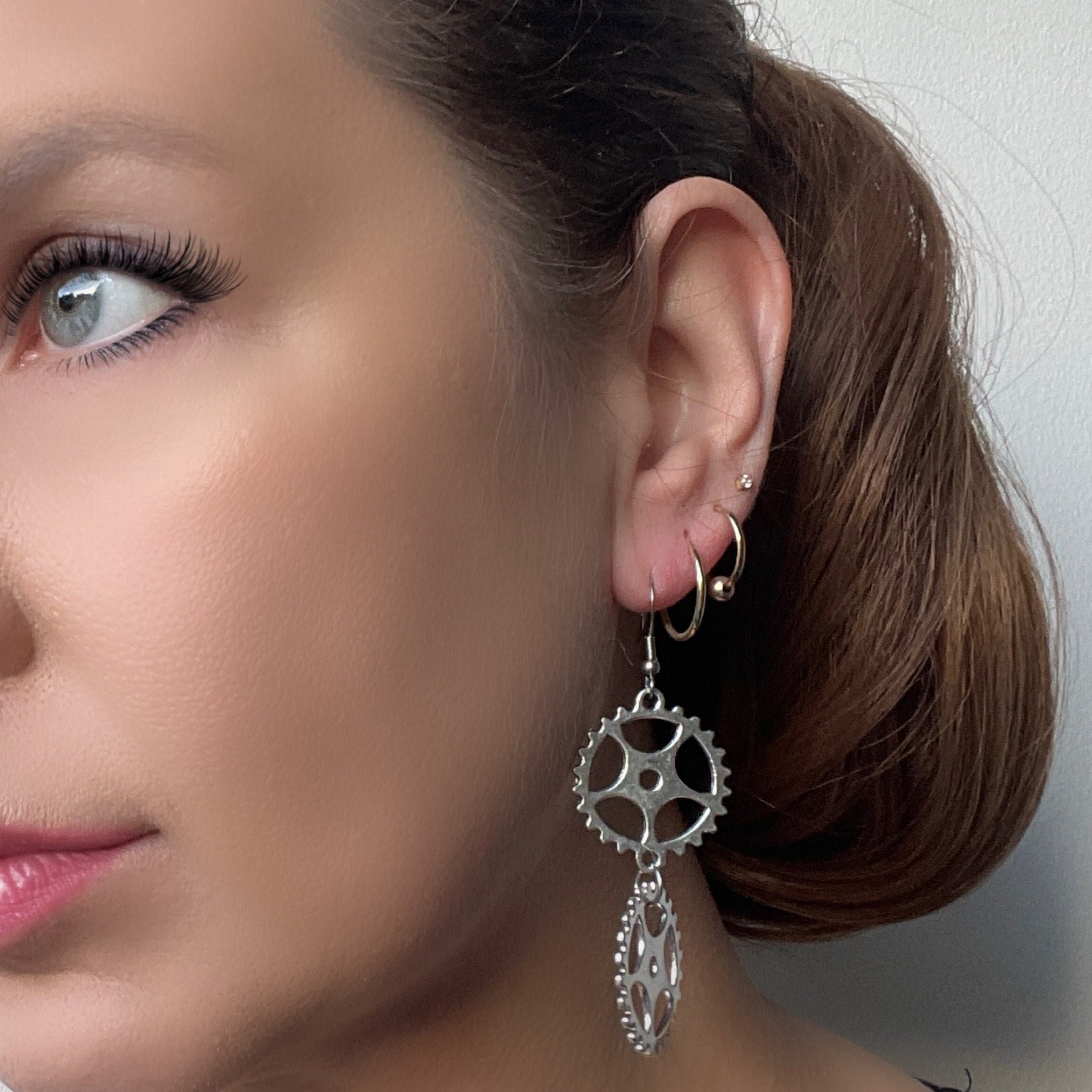 Steampunk Silver Double Dangle Cog Hardware Statement Earrings