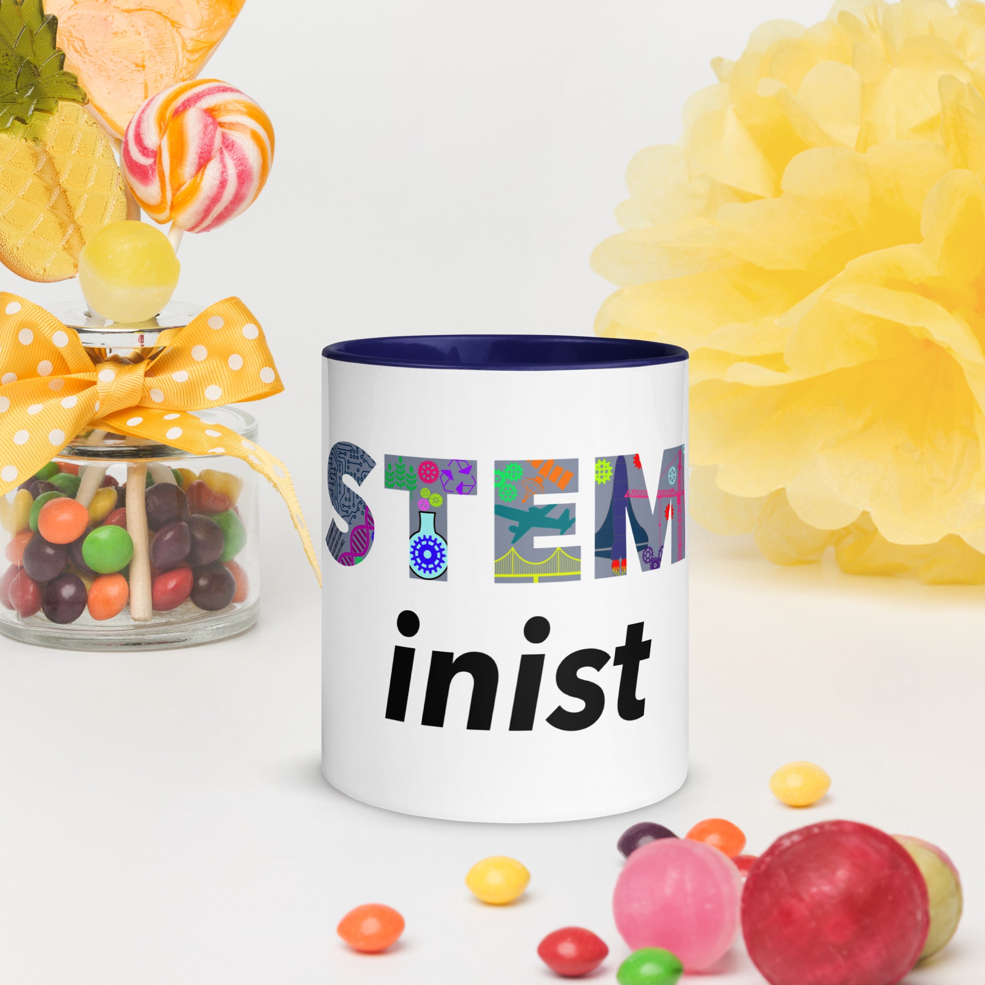 Personalised STEMinist Mug with Colour Handle and Inside. Women in STEM Customisable Gift Dark Blue