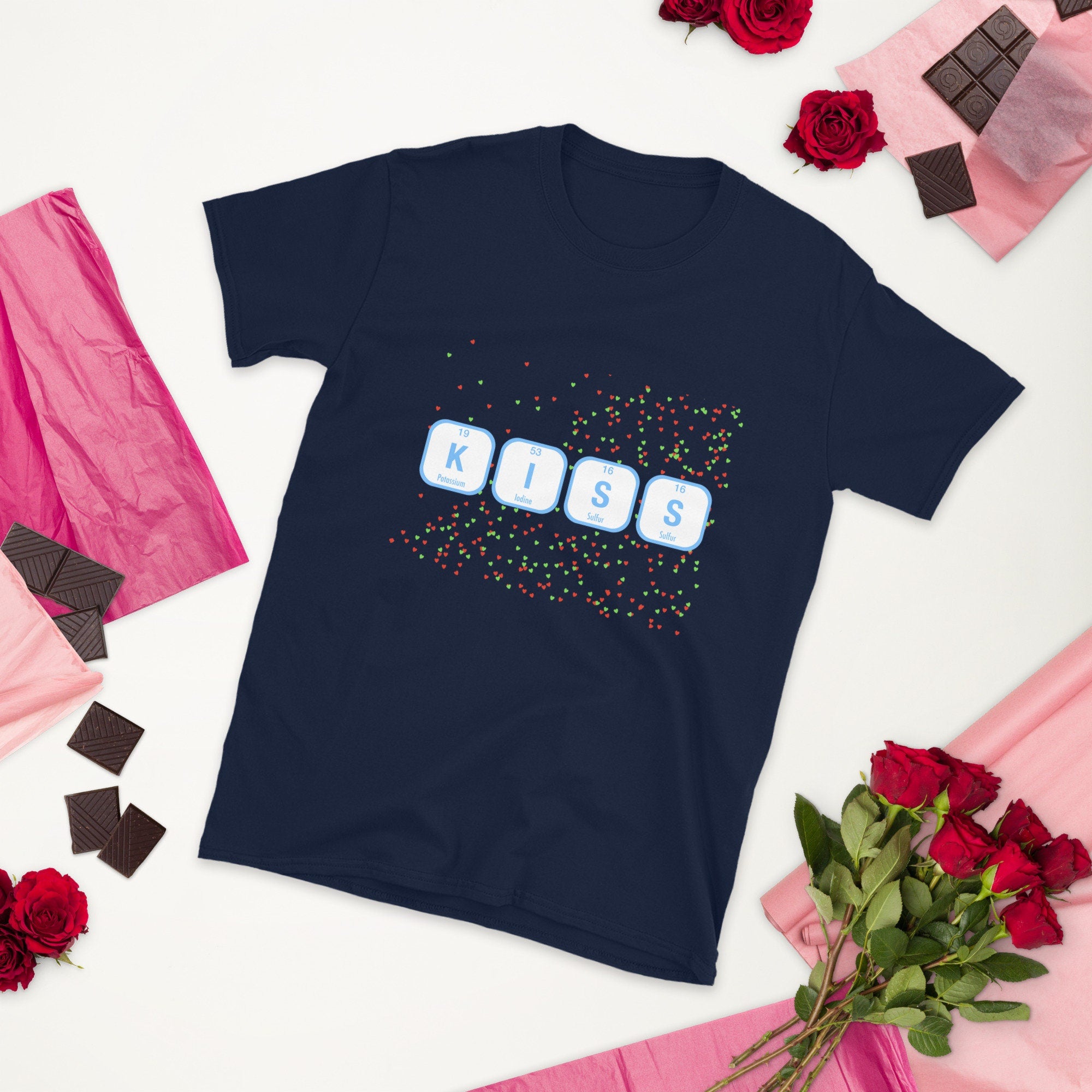 KISS Periodic Table Elements with mini hearts T-shirt. Geeky Valentine Gift. Navy