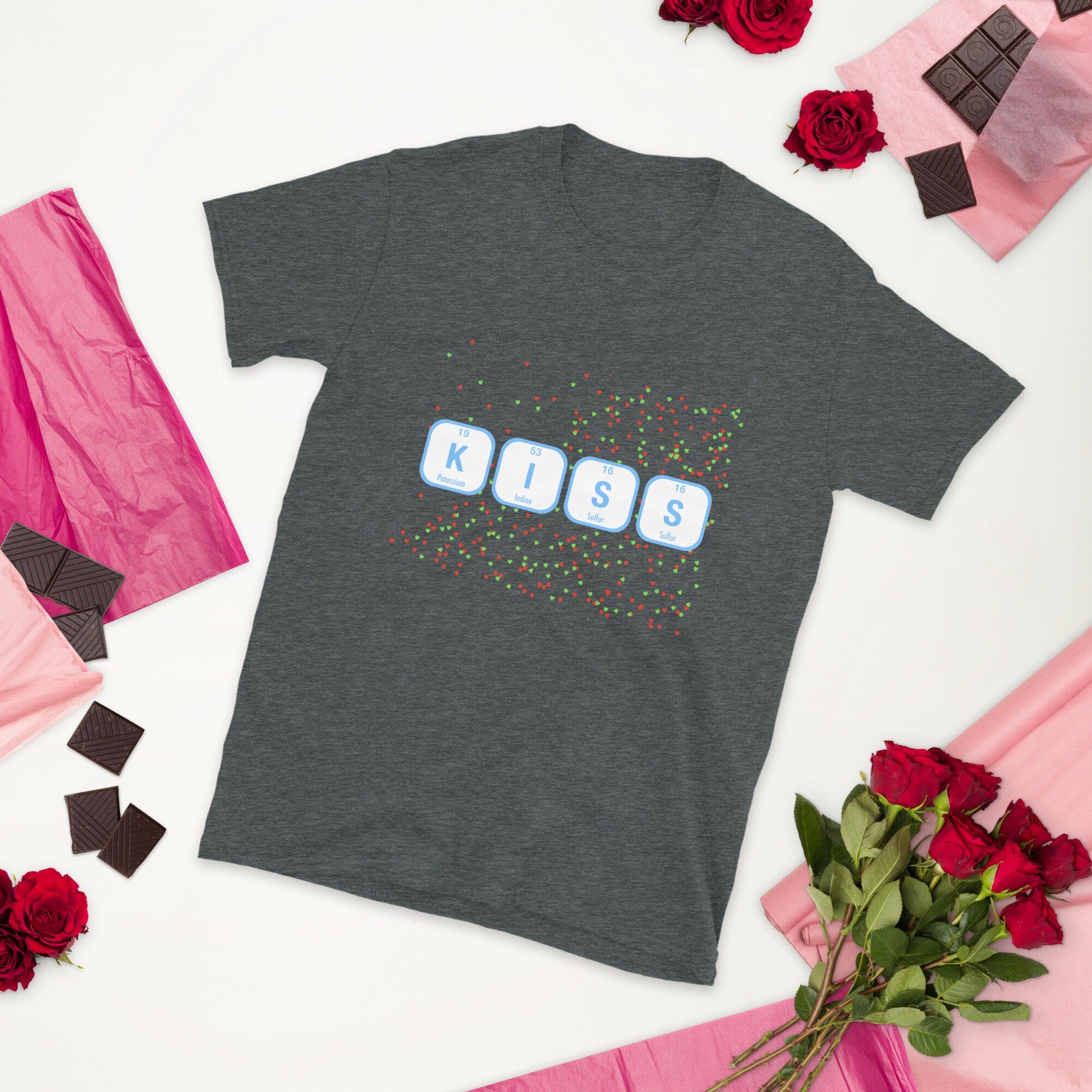 KISS Periodic Table Elements with mini hearts T-shirt. Geeky Valentine Gift. Dark Heather