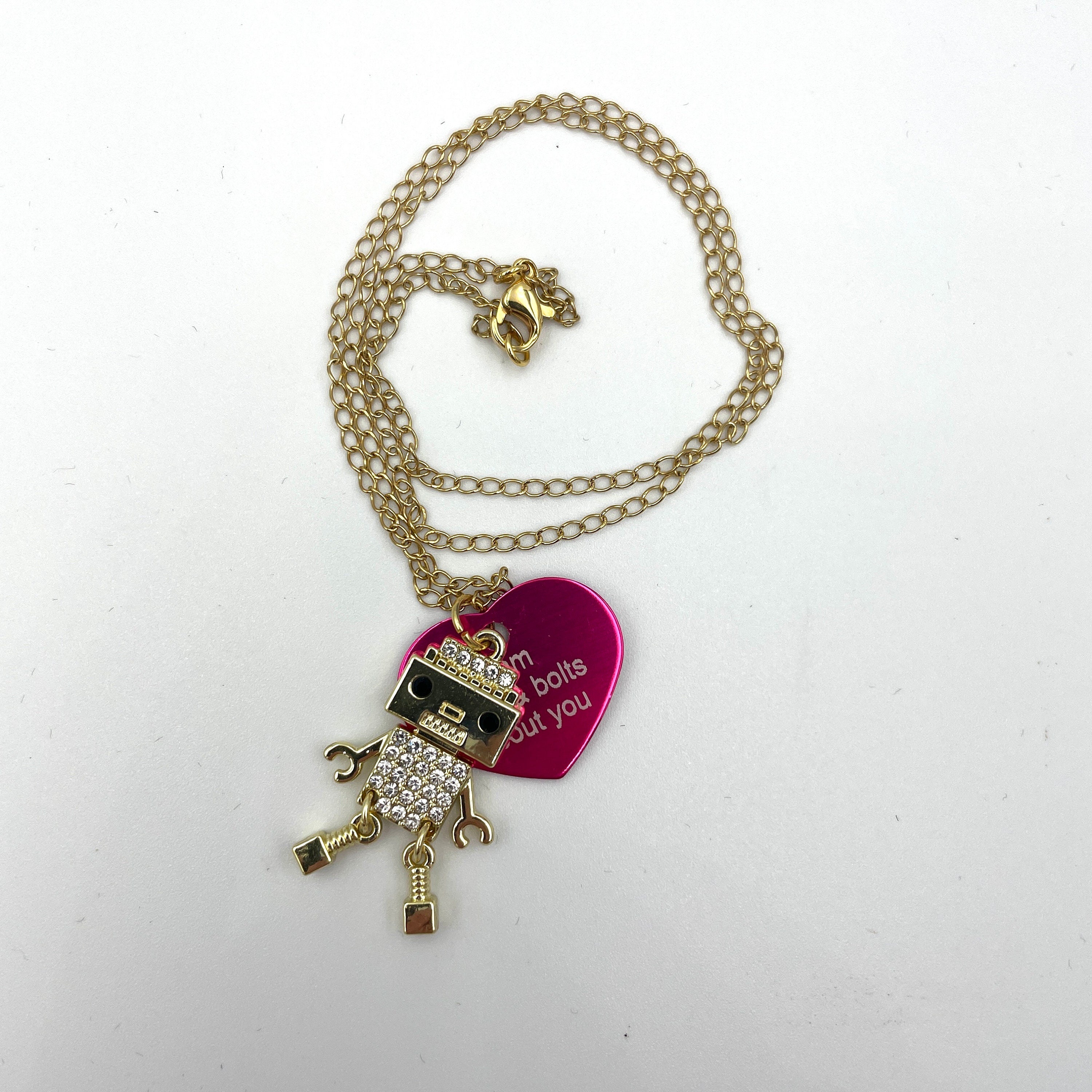 Personalised Adorable Bling Robot Necklace. Custom colour/ name/ date