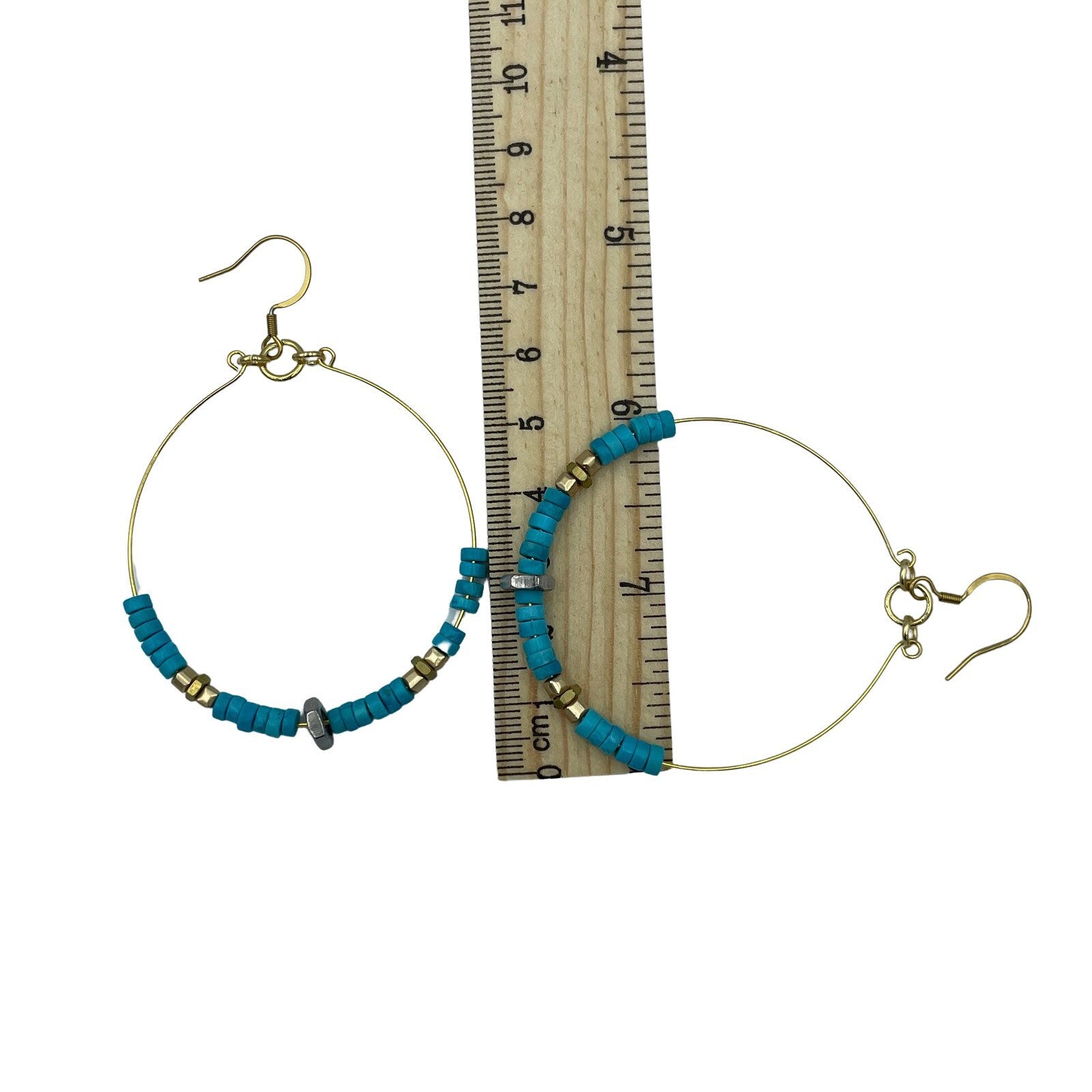 Stunning Gold Minimalist Statement Turquoise and Hex Nut Steampunk Earrings