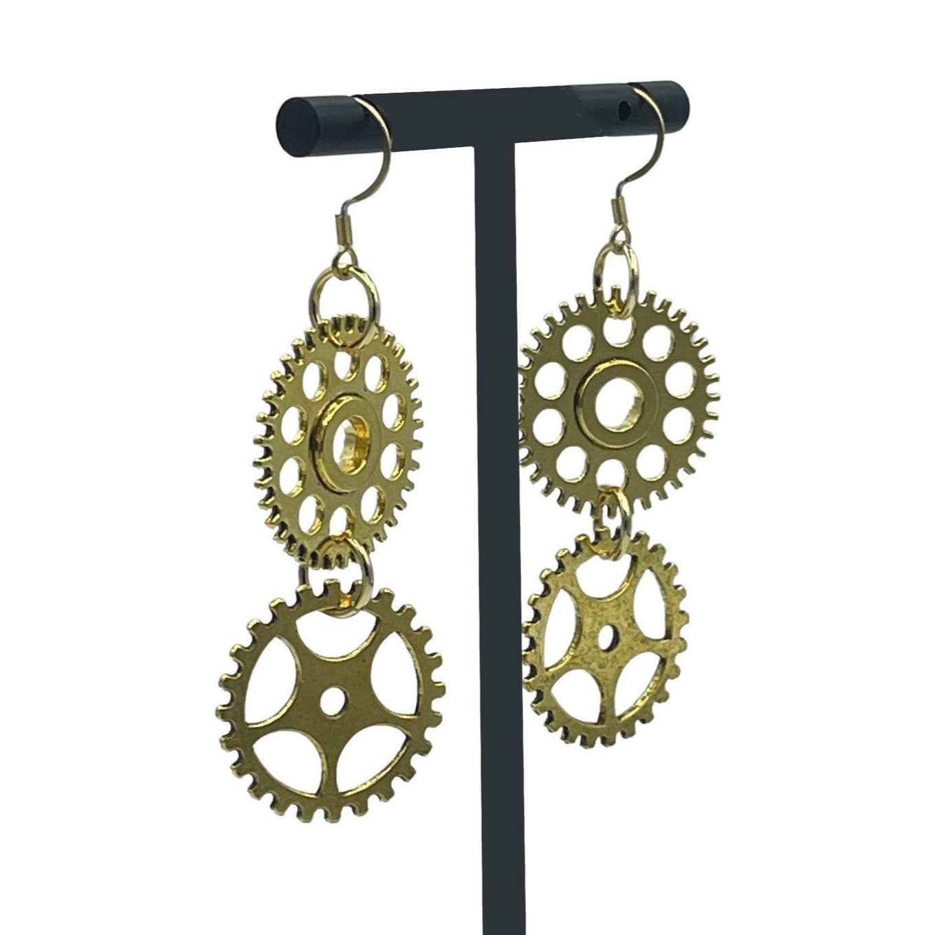 Gold Double Dangle Steampunk Statement Earrings with Cogs