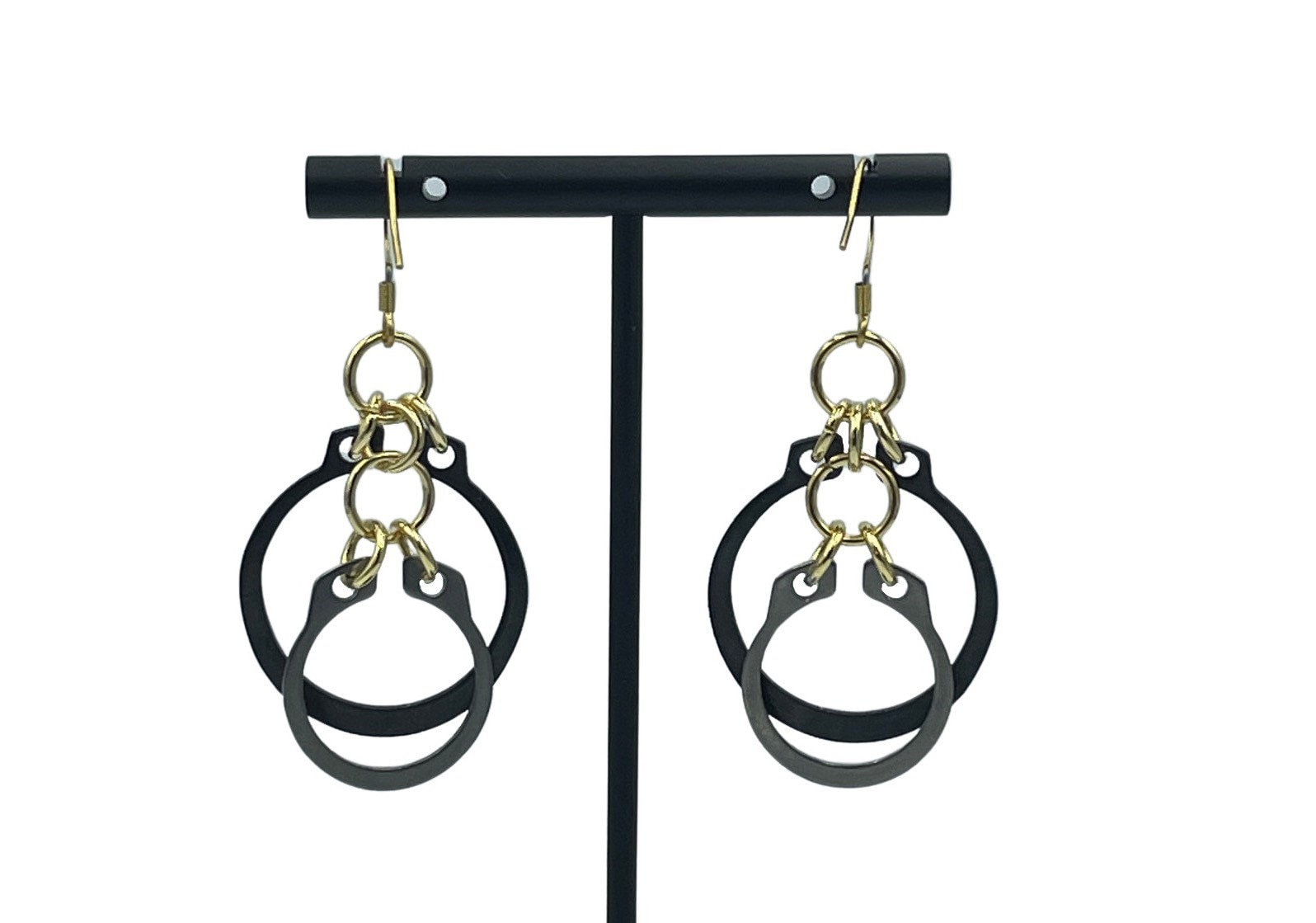 Black, Silver and Gold Hardware C-clip Dangle Steampunk Statement Earrings