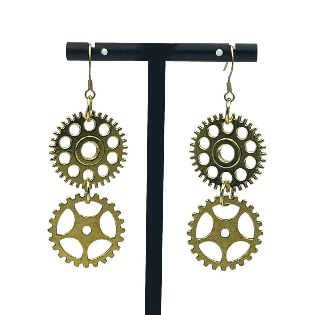 Gold Double Dangle Steampunk Statement Earrings with Cogs