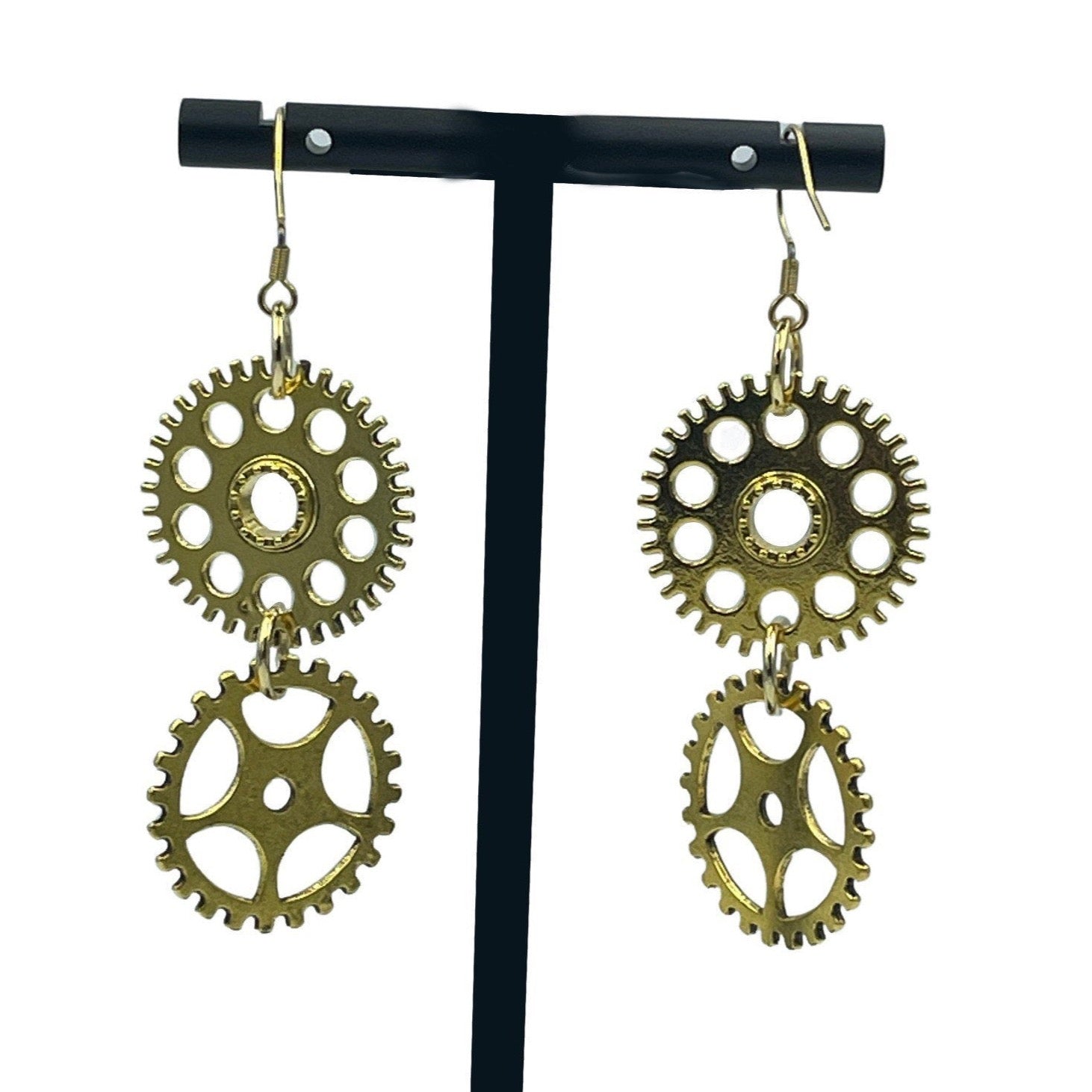 Gold Double Dangle Steampunk Statement Earrings with Cogs