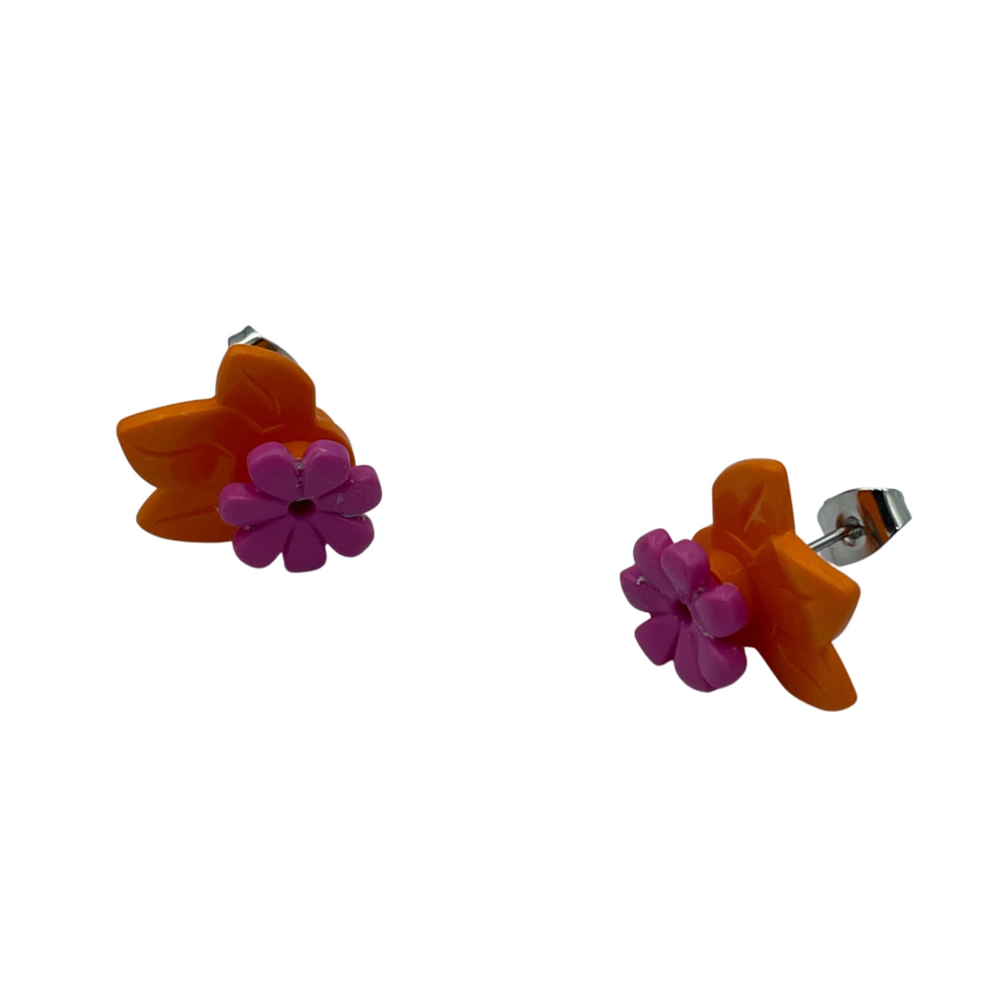 Pink Flower Stud Earrings made with upcycled LEGO® Orange Leaf