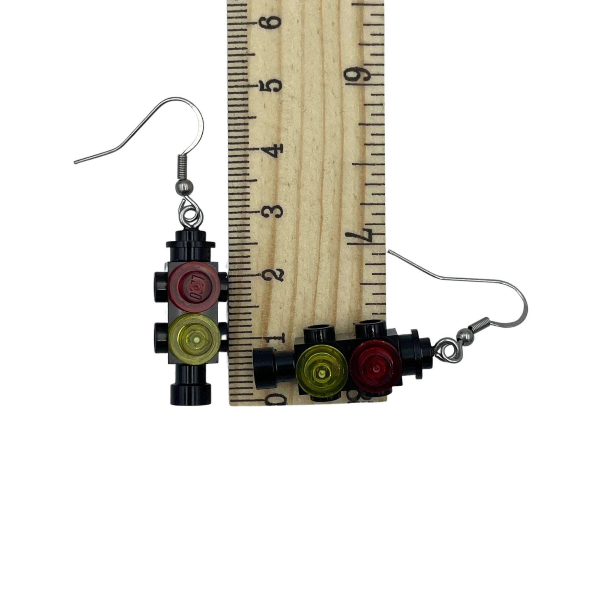 Traffic Light Earrings made with upcycled LEGO®. Civil Transport Engineer Gift