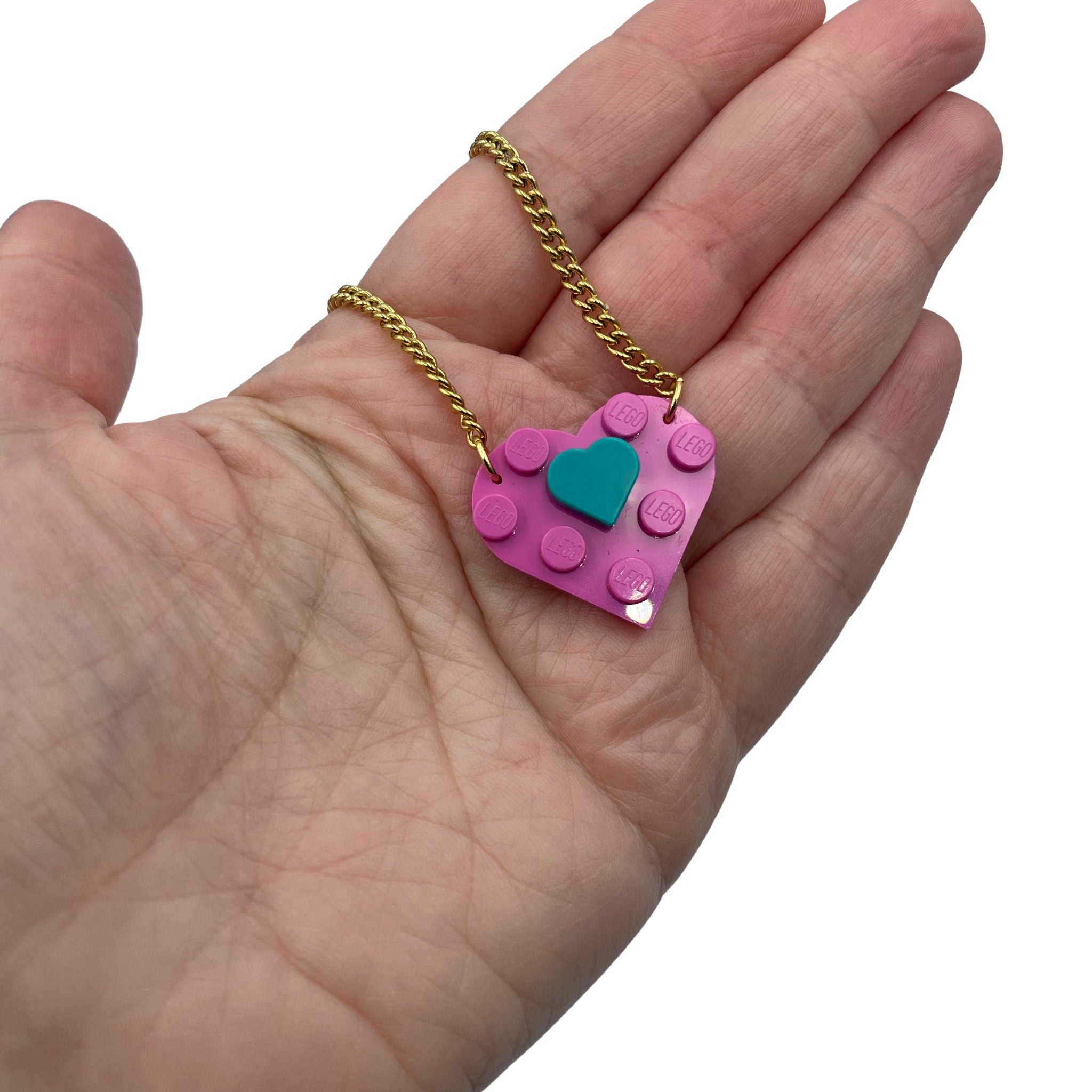 Pink and Teal Heart necklace made with upcycled LEGO® on Gold Chain