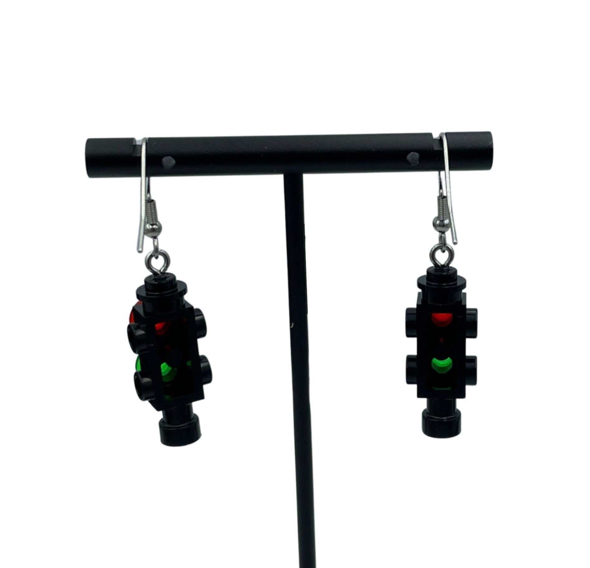 Traffic Light Earrings made with upcycled LEGO®. Civil Transport Engineer Gift