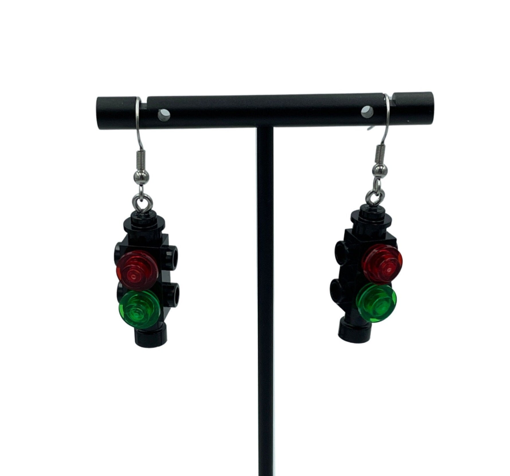 Traffic Light Earrings made with upcycled LEGO®. Civil Transport Engineer Gift