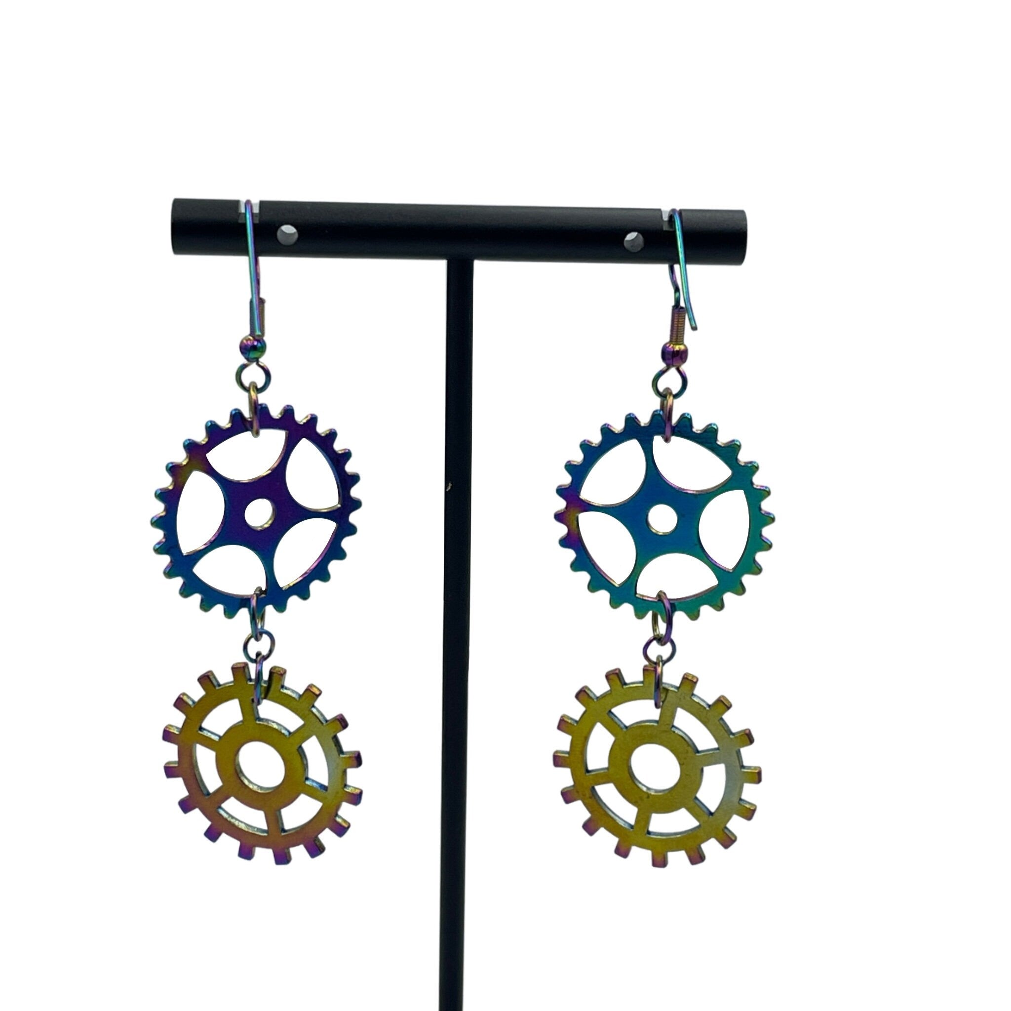 Iridescent Rainbow Steampunk Double Dangle Cog Earrings