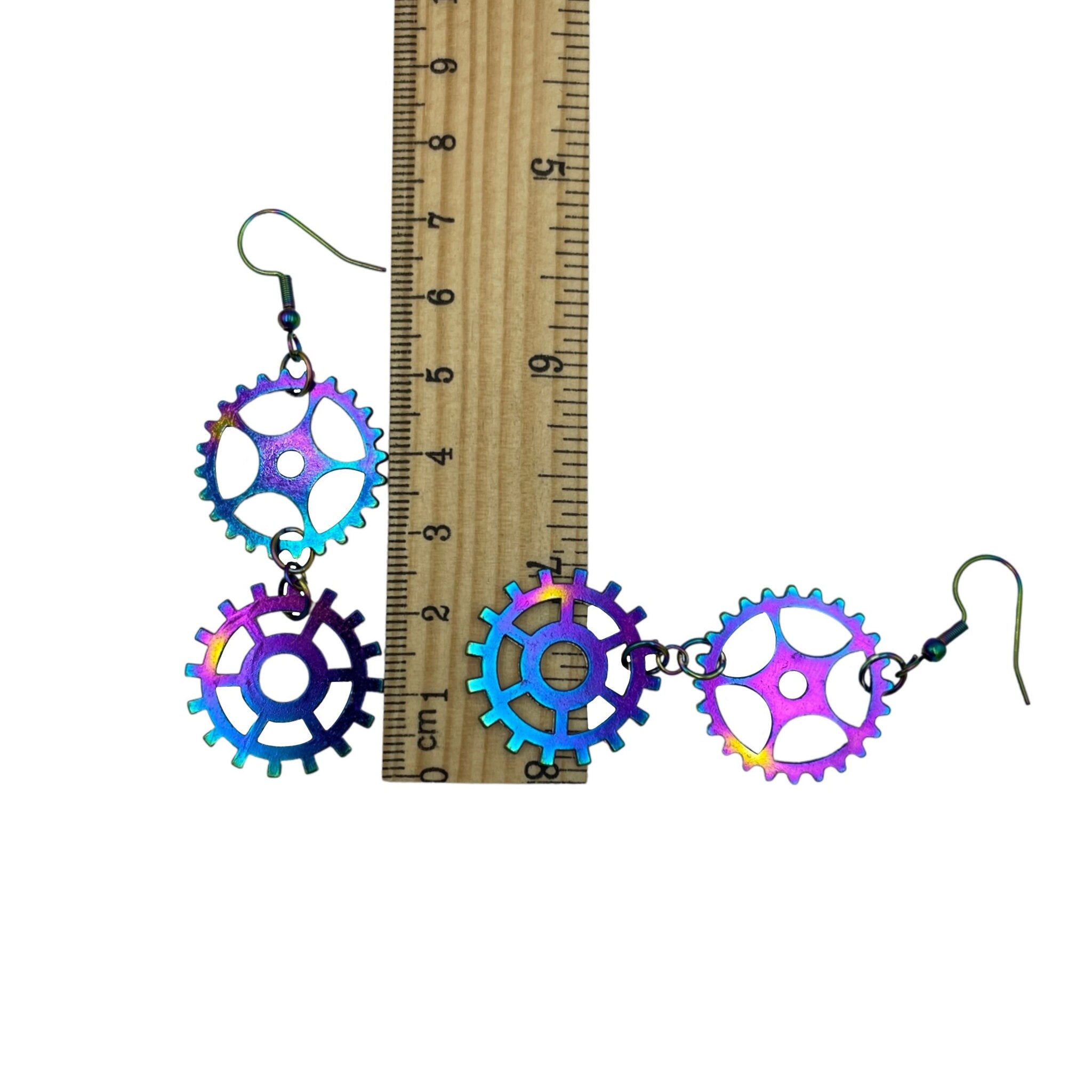 Iridescent Rainbow Steampunk Double Dangle Cog Earrings