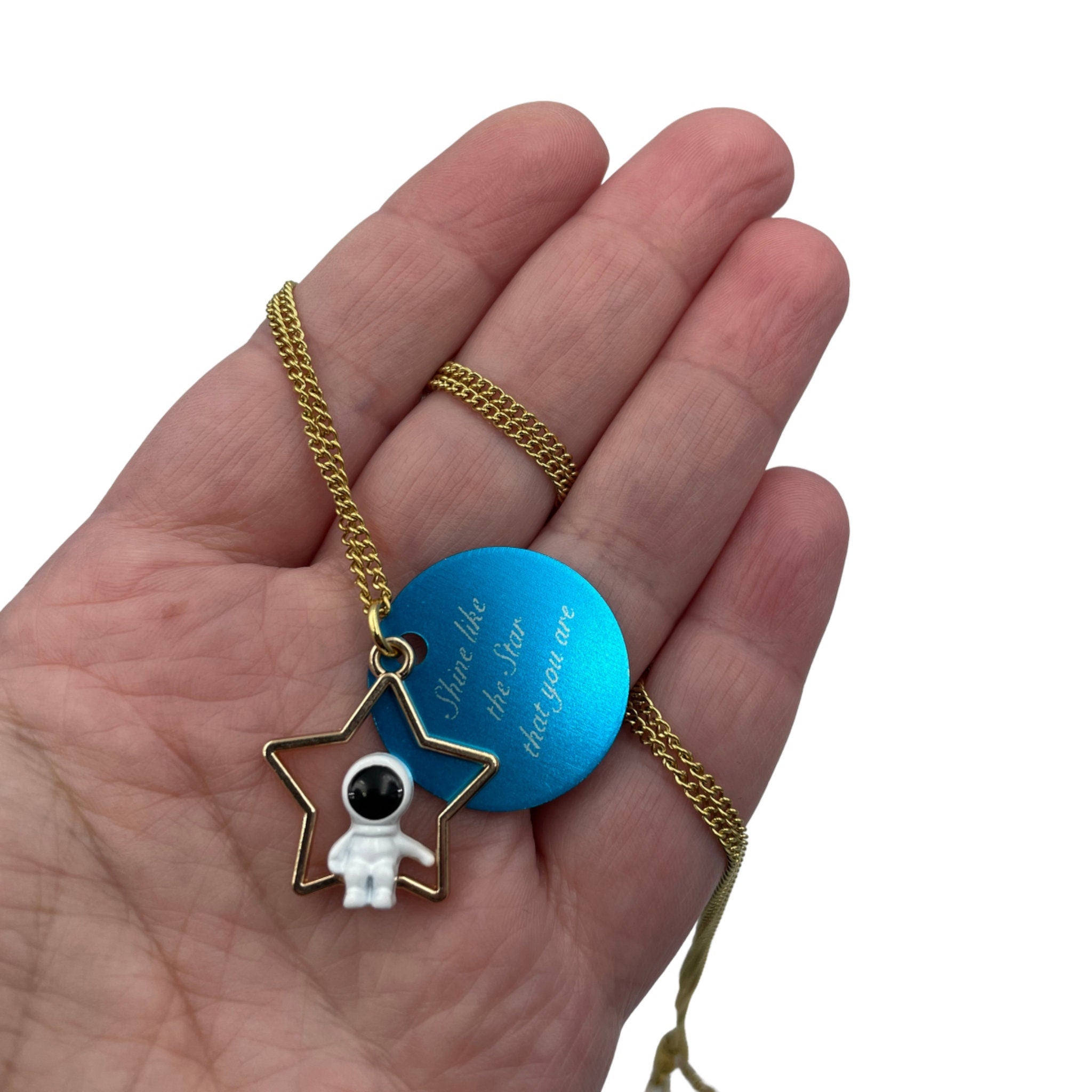 Personalised Astronaut on a Star Necklace. Customise colour/ name/ date