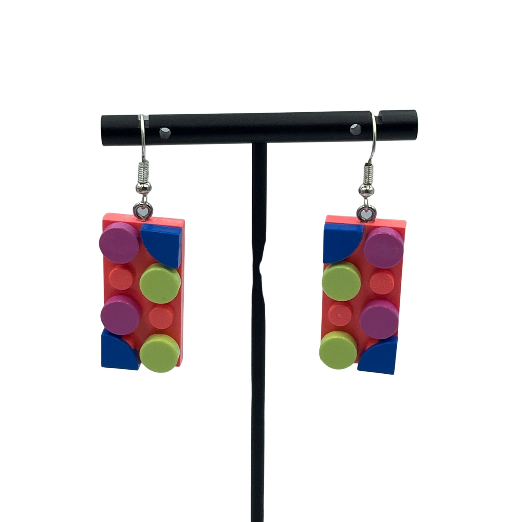 Upcycled Geometric Rectangle Earrings made with upcycled LEGO® Coral with Blue