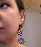 Iridescent Rainbow Steampunk Double Dangle Cog Earrings