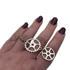 Steampunk Silver Double Cog Dangle Statement Earrings