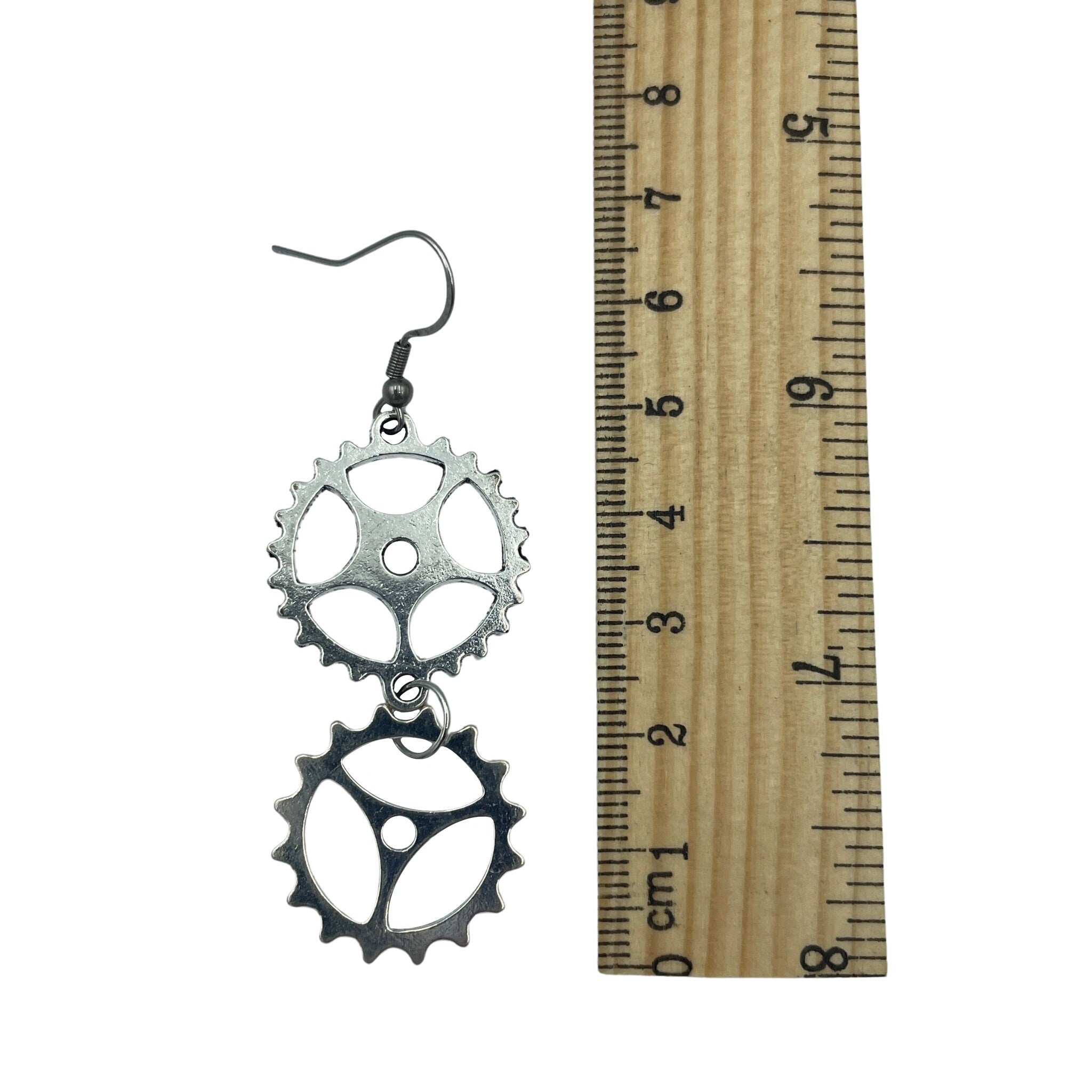 Cog Double Dangle Silver Steampunk Hardware Statement Earrings