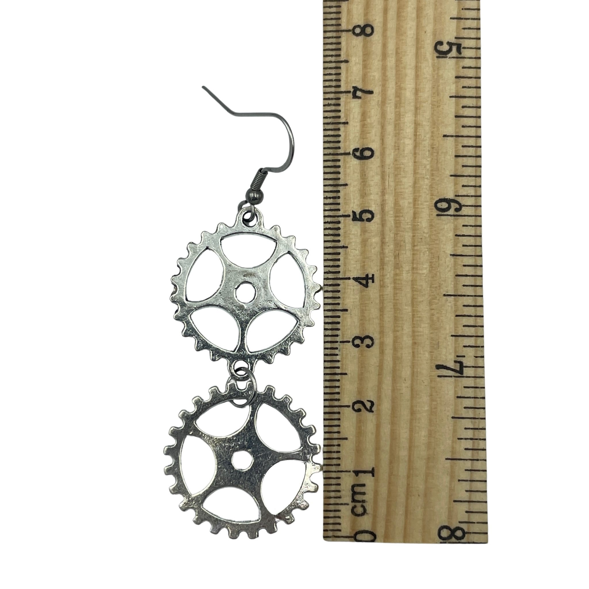 Steampunk Silver Double Dangle Cog Hardware Statement Earrings