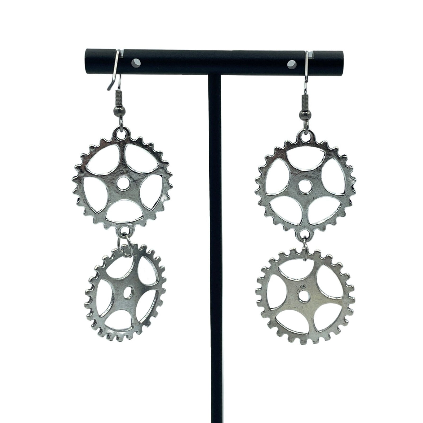 Steampunk Silver Double Dangle Cog Hardware Statement Earrings