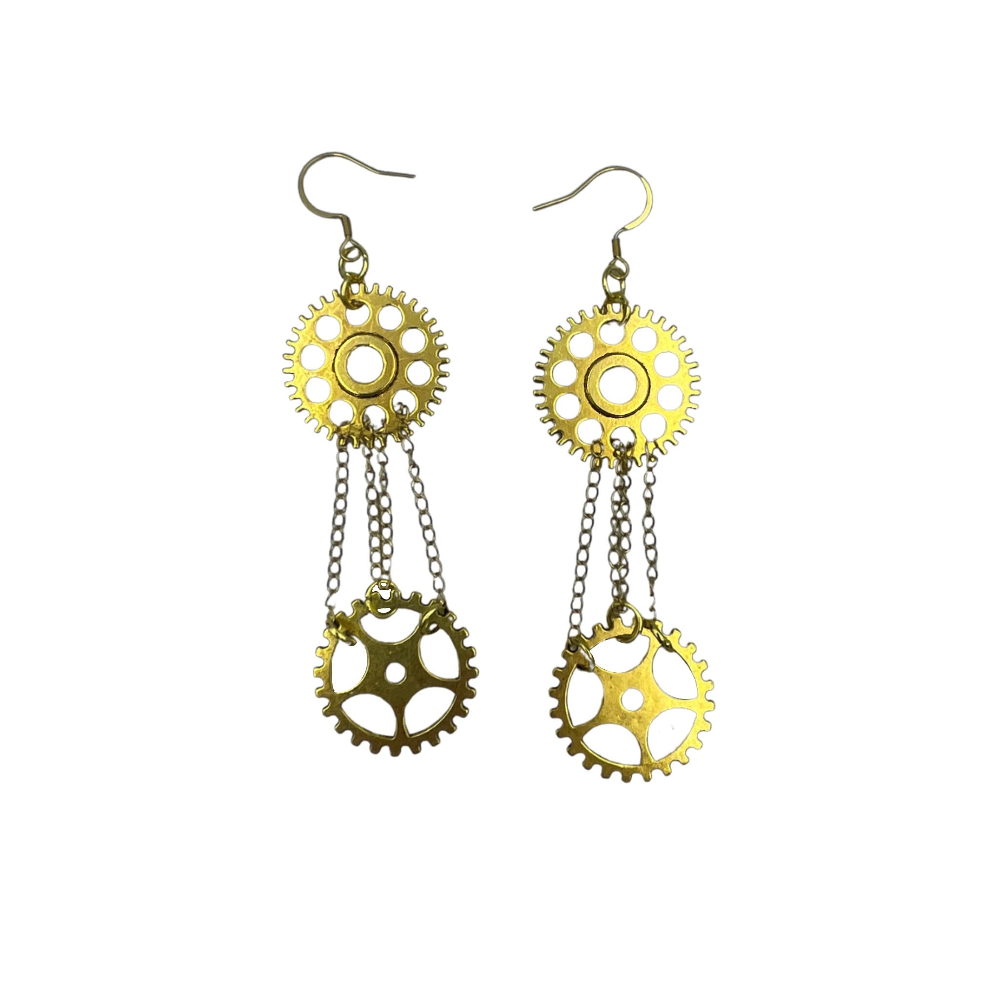 Long Gold Double Chain Cog Dangle Statement Chandelier Earrings