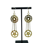 Long Gold Double Chain Cog Dangle Statement Chandelier Earrings