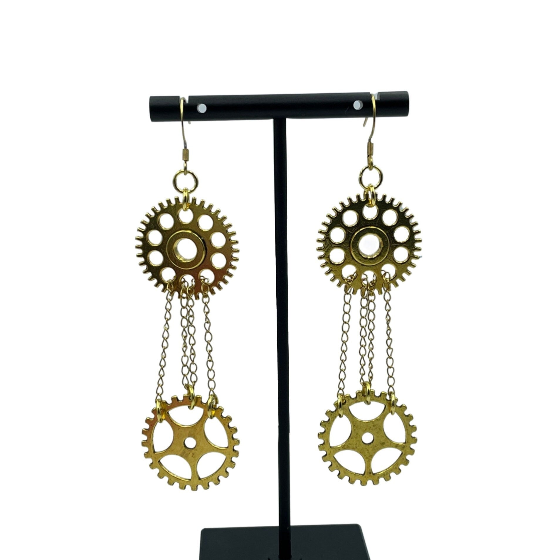 Long Gold Double Chain Cog Dangle Statement Chandelier Earrings