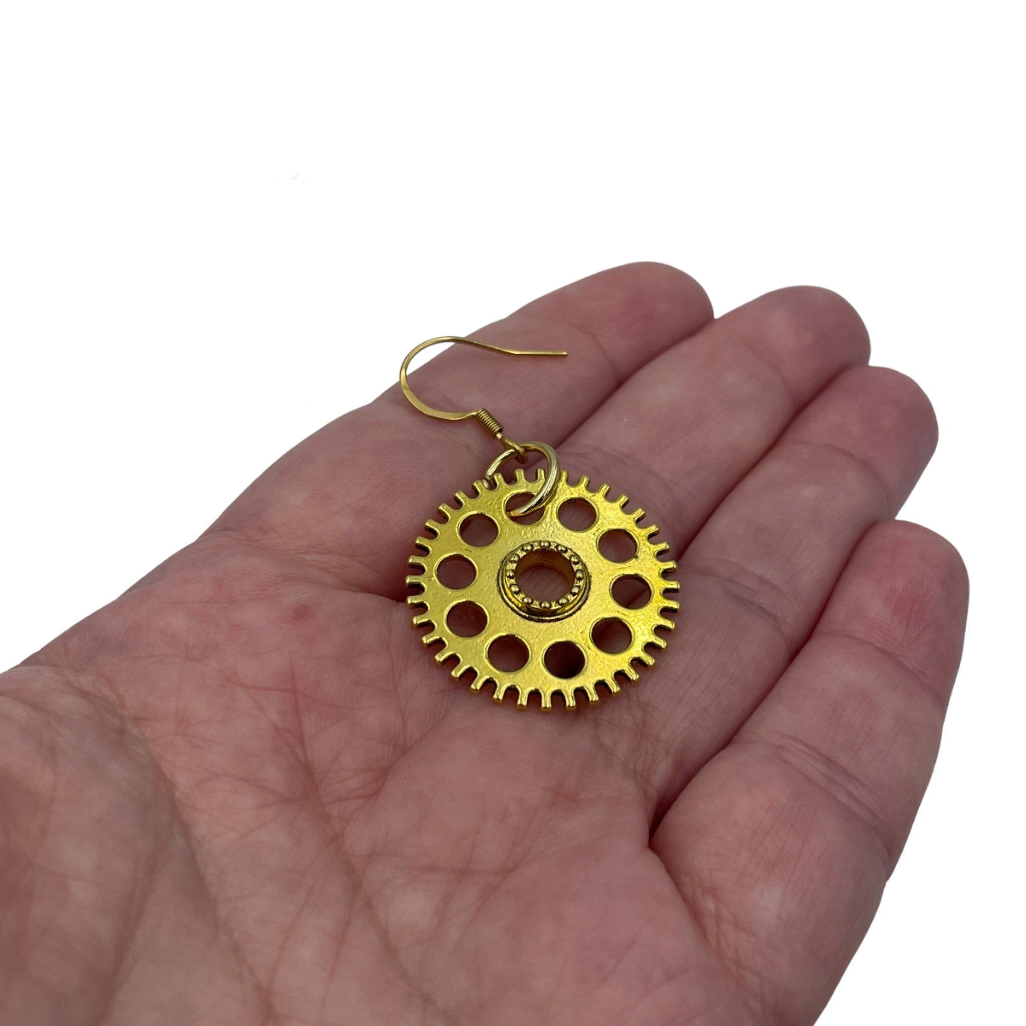 Steampunk Gold Dangle Cog Statement Earrings