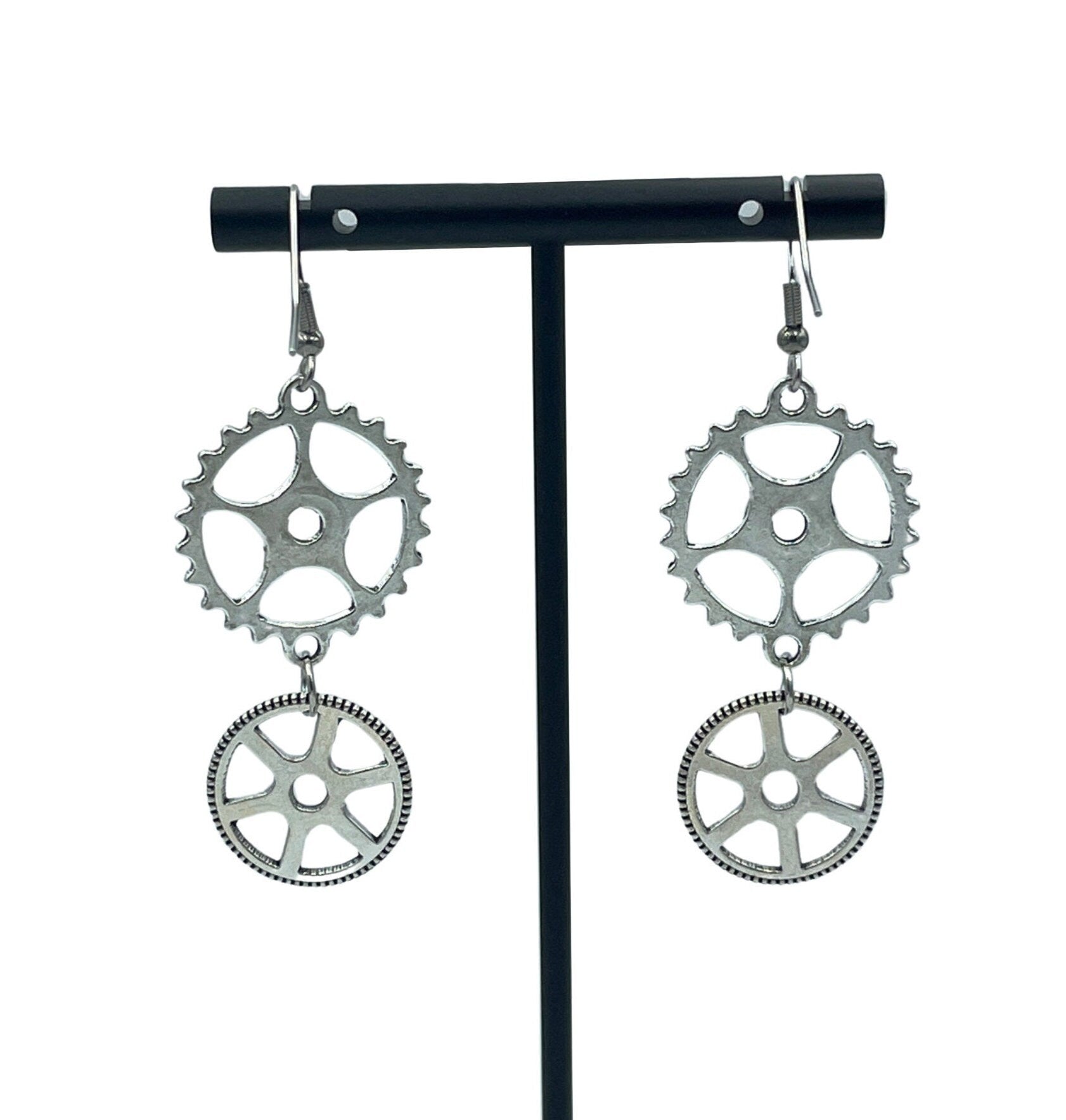 Steampunk Silver Double Cog Dangle Statement Earrings