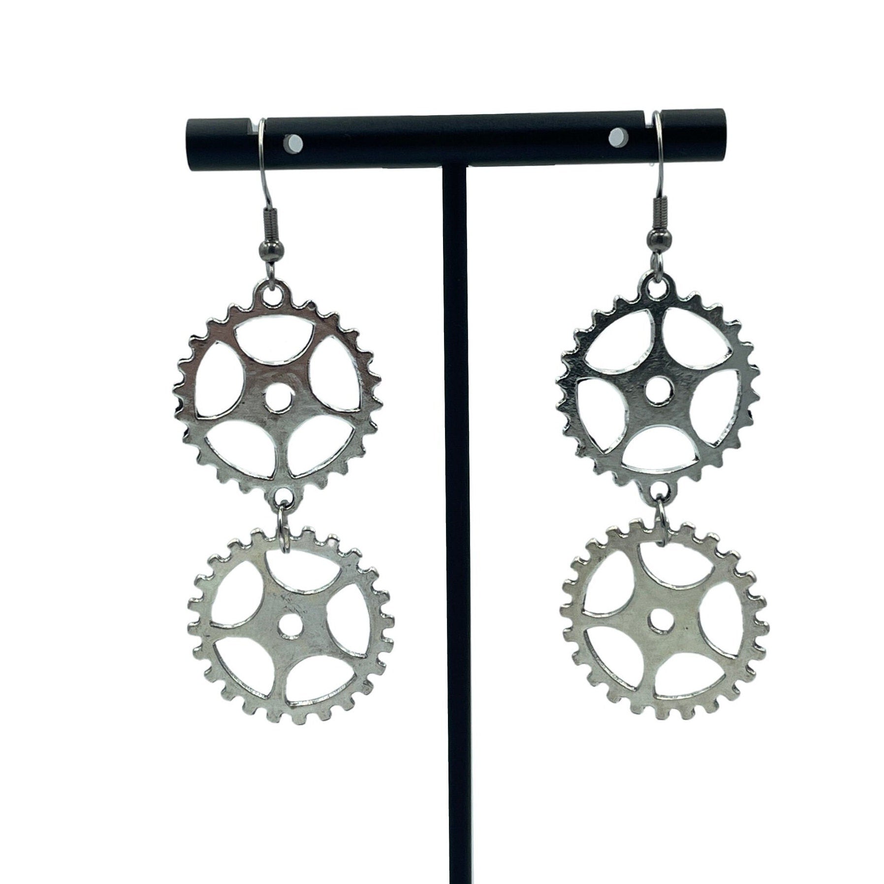 Steampunk Silver Double Dangle Cog Hardware Statement Earrings