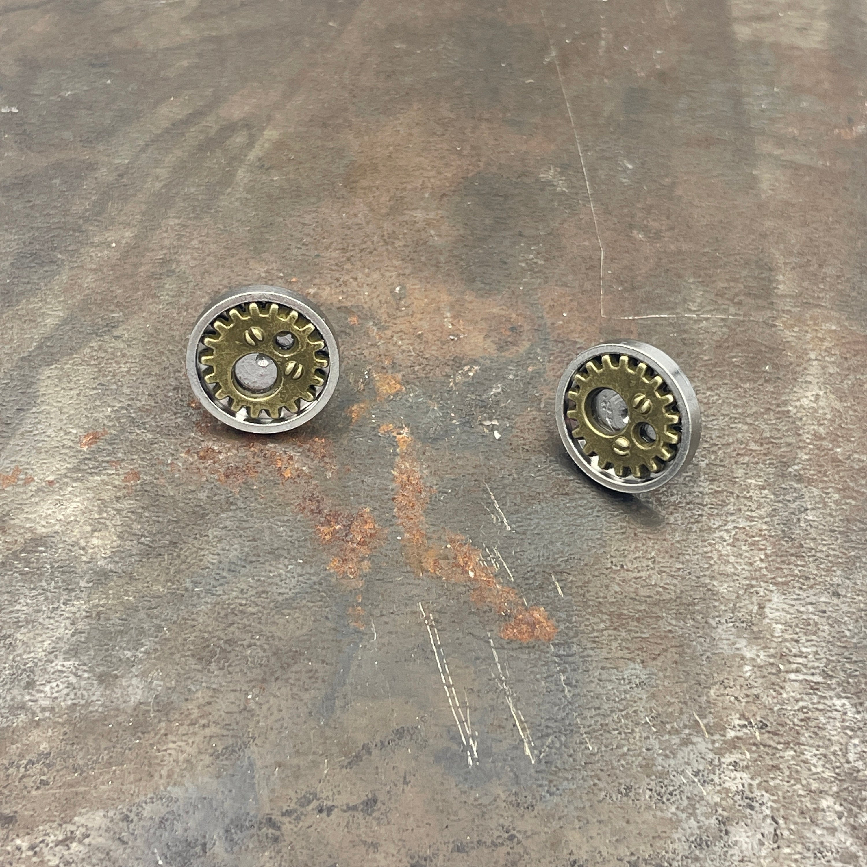 Steampunk Stainless Steel Stud Earrings with Hardware Cog Gear Components