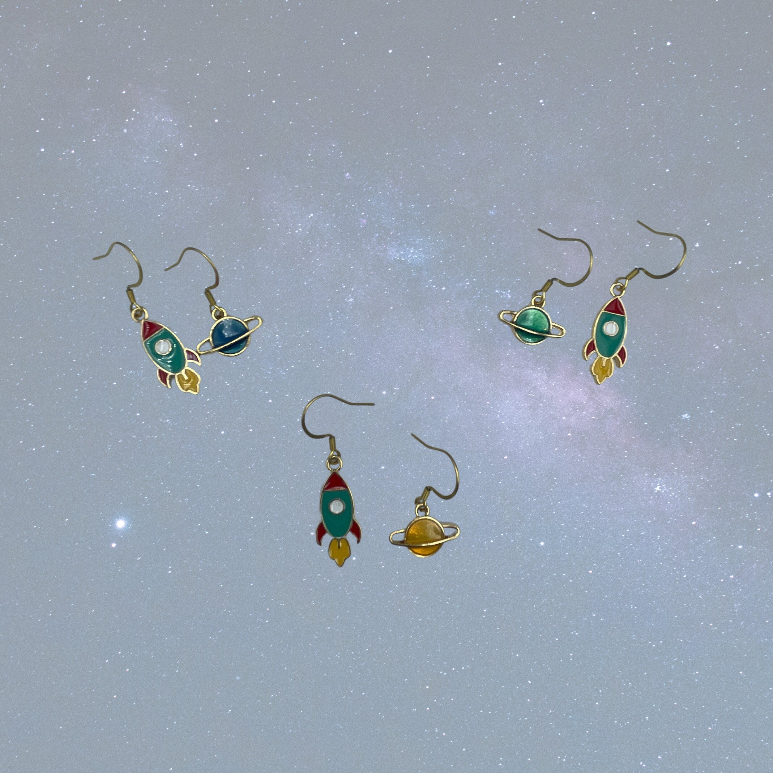 Cute Asymmetric Rocket and Planet Earrings in a variety of colours