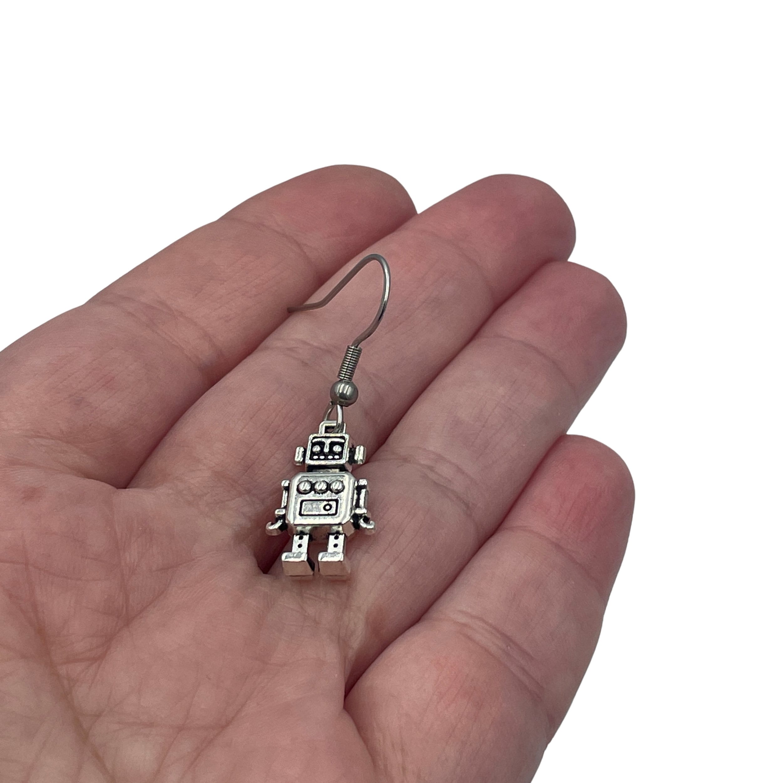 Cute Tiny Silver Robot Earrings