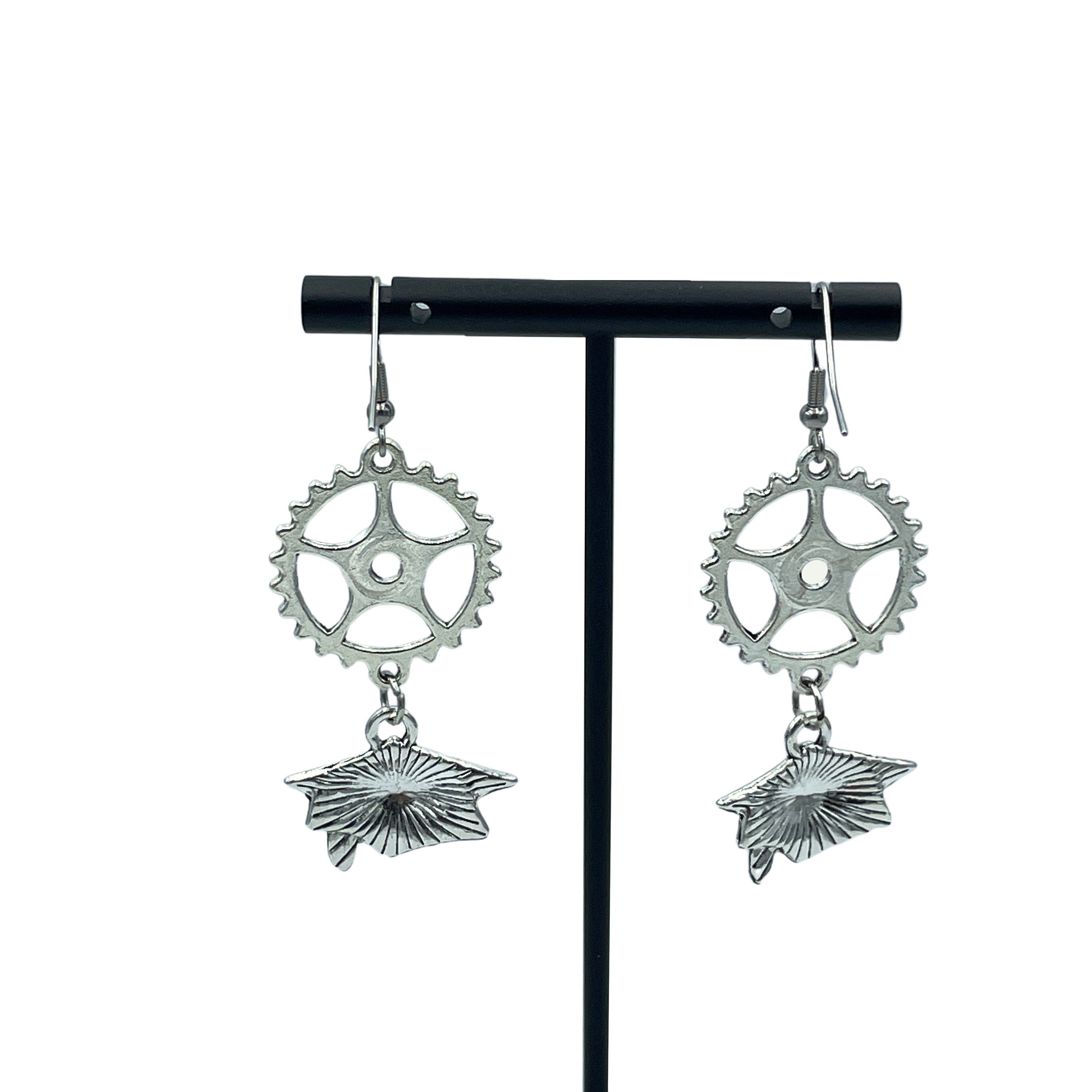 Engineering Graduation Steampunk Silver Dangle Statement Earrings