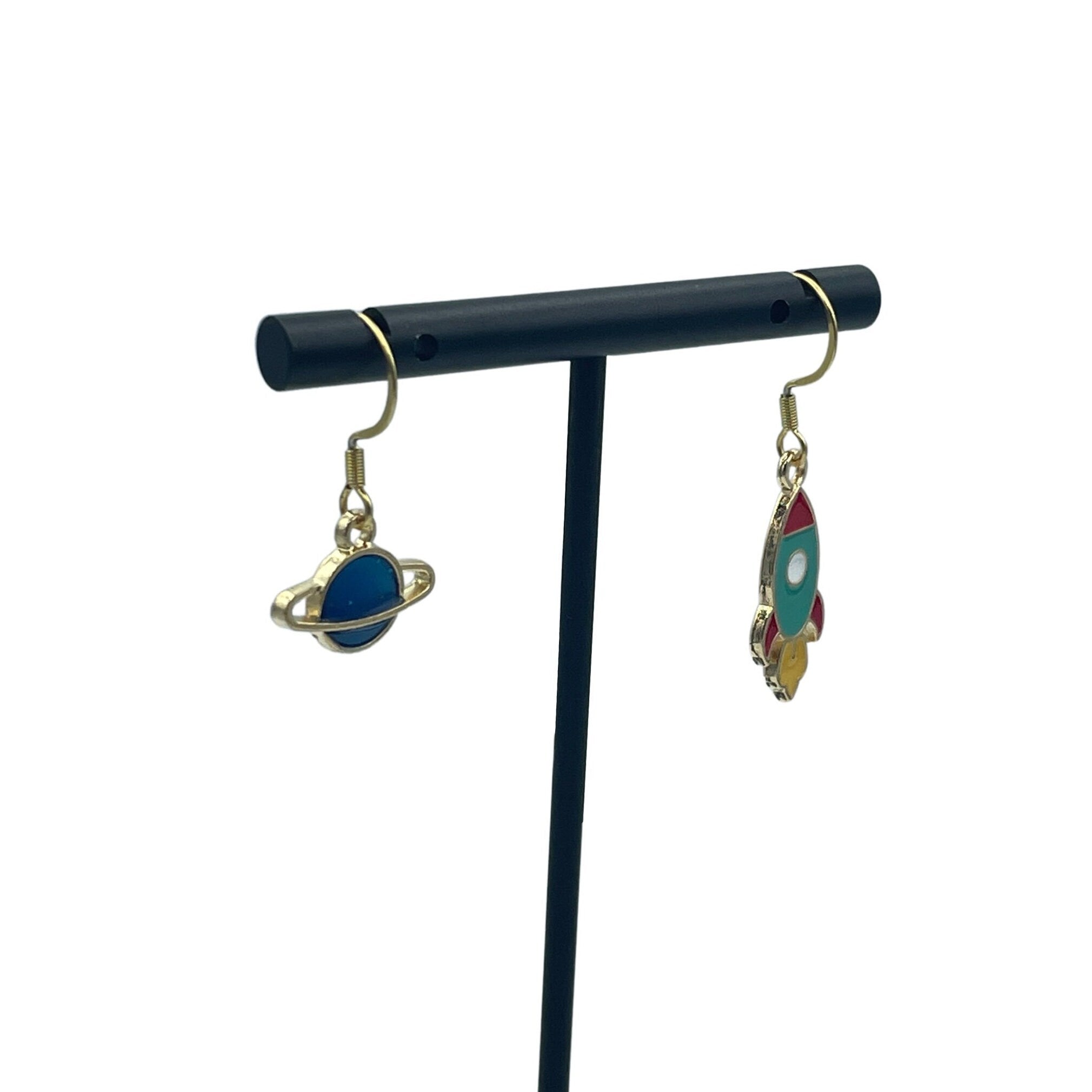 Cute Asymmetric Rocket and Planet Earrings in a variety of colours