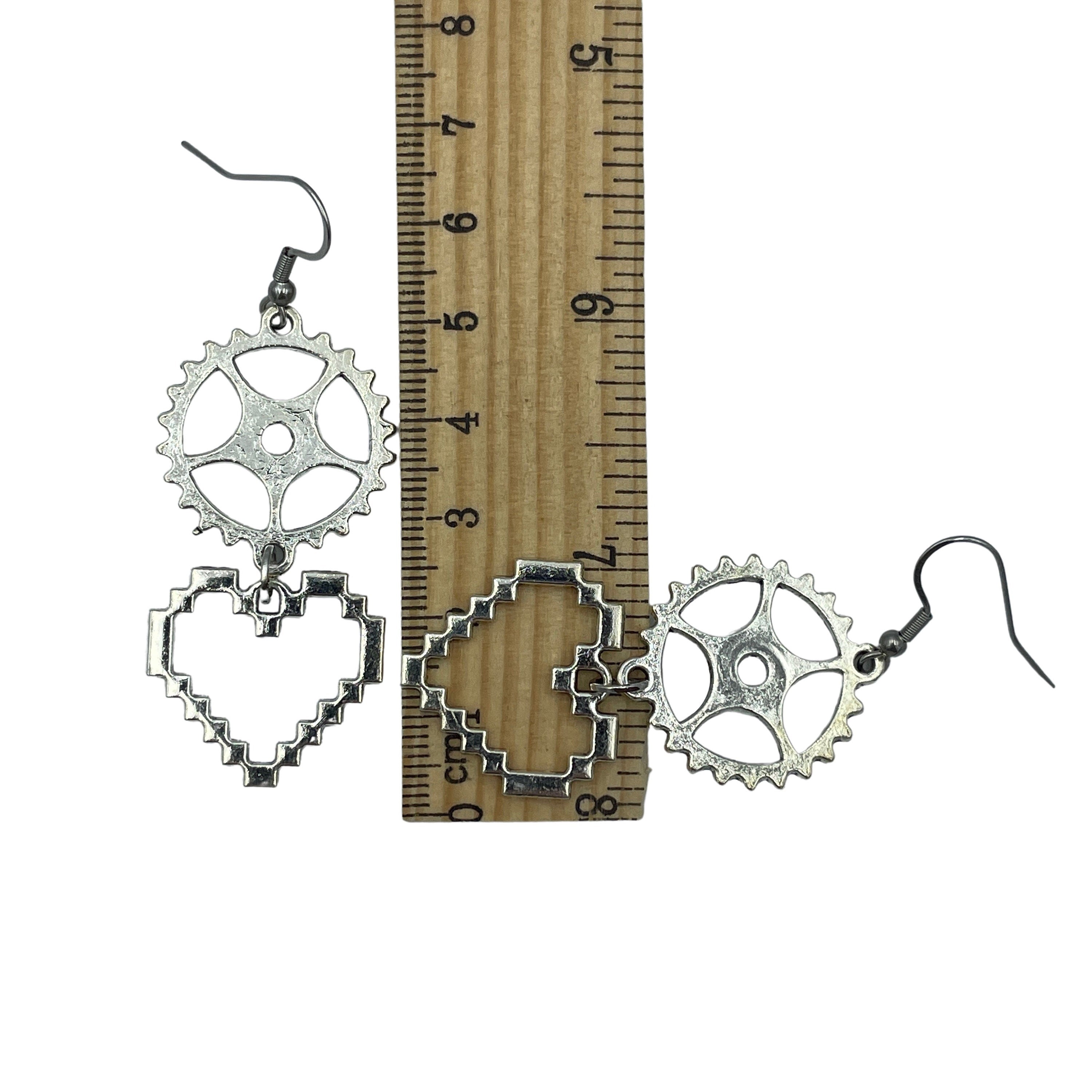 Engineering Cog and Heart Earrings. Steampunk Silver Dangle Statement Earrings